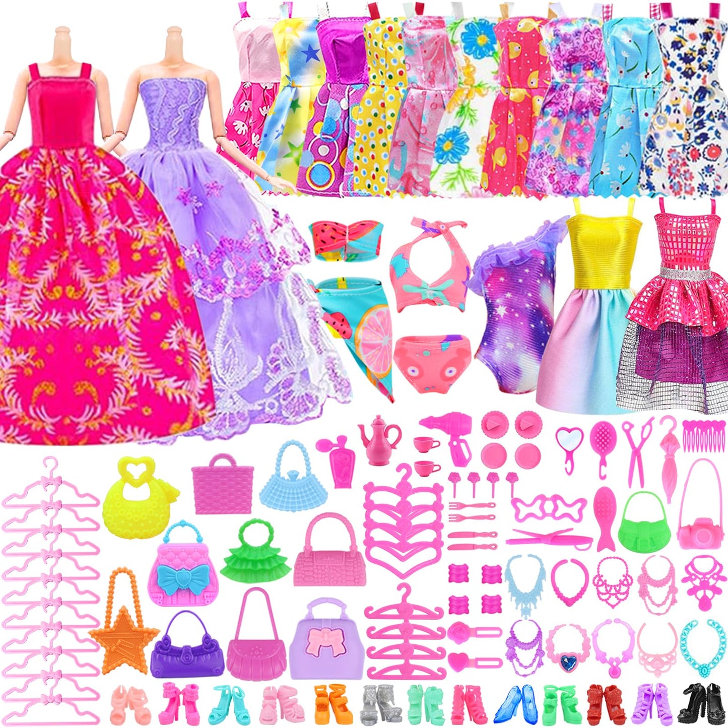 Ecore Fun 108-Piece Doll Clothes Set with Purple Closet for 11.5-Inch Dolls