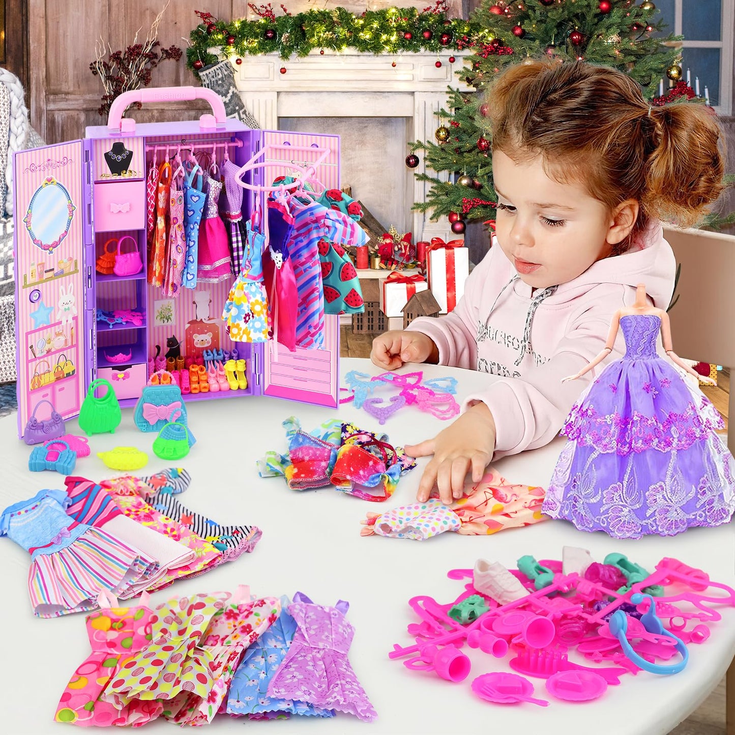 Ecore Fun 108-Piece Doll Clothes Set with Purple Closet for 11.5-Inch Dolls