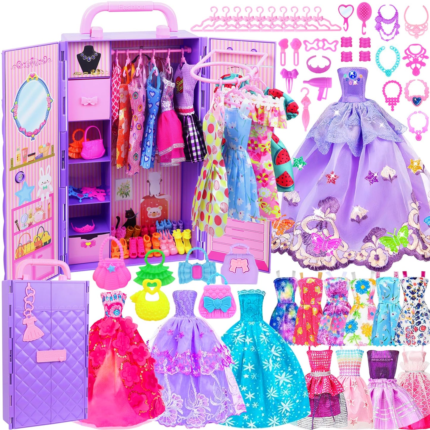 Ecore Fun 108-Piece Doll Clothes Set with Purple Closet for 11.5-Inch Dolls