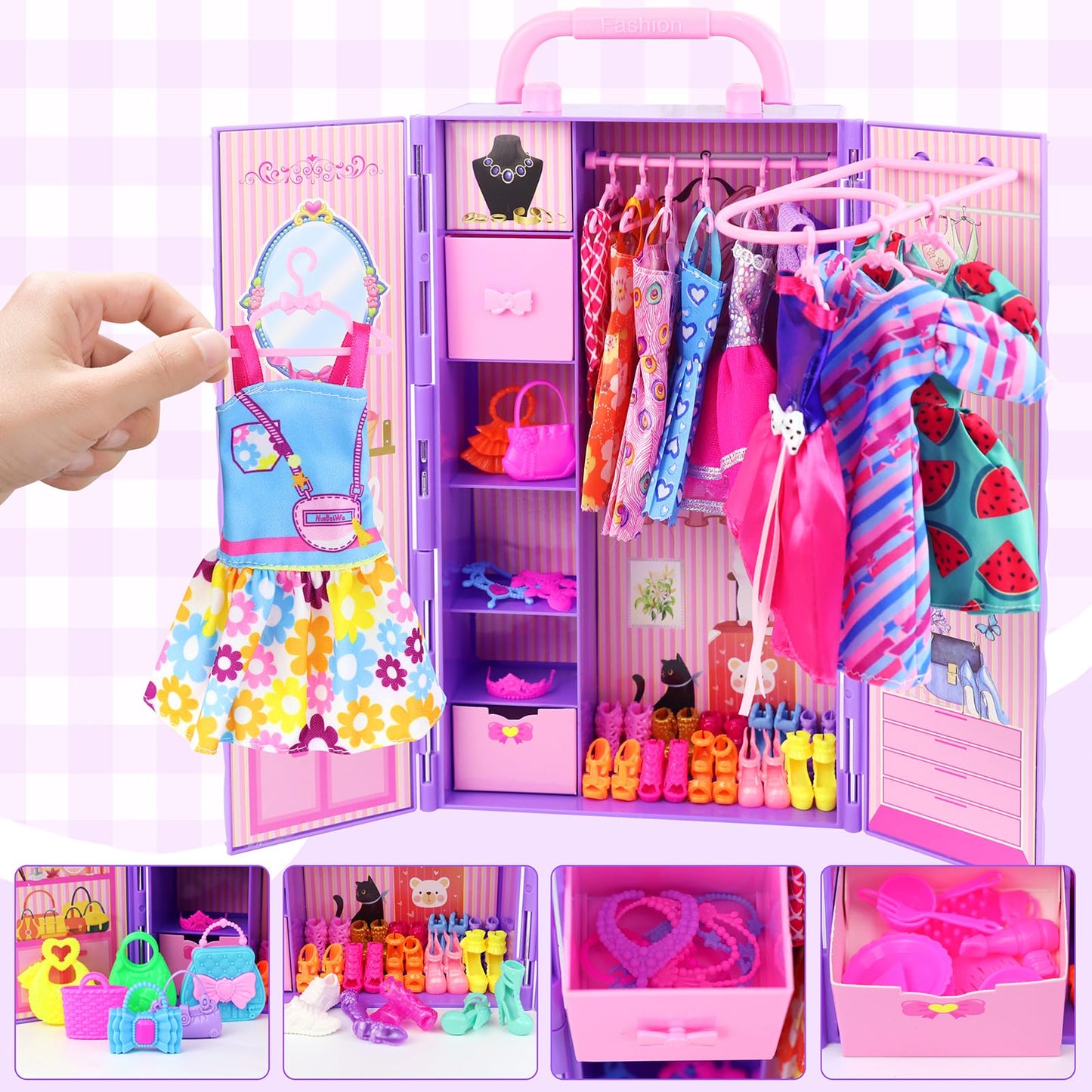 Ecore Fun 108-Piece Doll Clothes Set with Purple Closet for 11.5-Inch Dolls