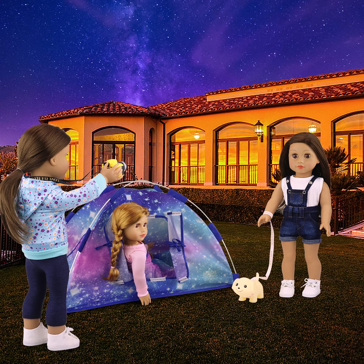 Ecore Fun 5‑Item 18-Inch Doll Camping Tent Set with Tent, Sleeping Bag, Backpack, Toy Camera & Dog