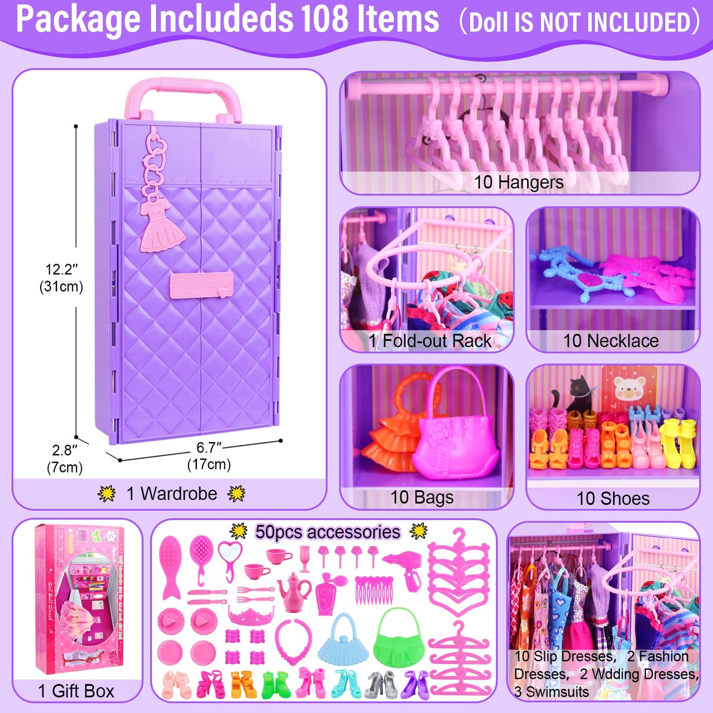 Ecore Fun 108-Piece Doll Clothes Set with Purple Closet for 11.5-Inch Dolls