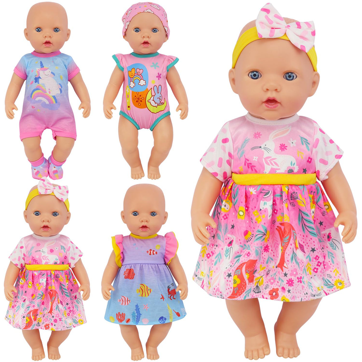 ECORELF 4-Set Doll Clothes for 14-16 Inch Dolls – 7-Piece Outfit Set (Dresses, Jumpsuits, Hats, Accessories)