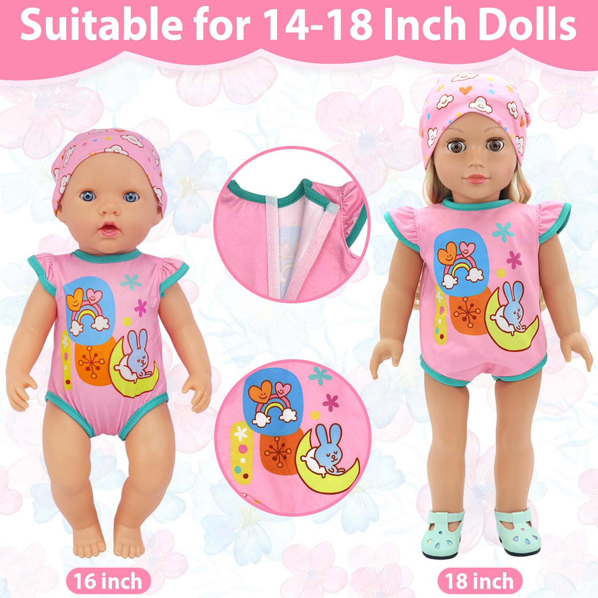 ECORELF 4-Set Doll Clothes for 14-16 Inch Dolls – 7-Piece Outfit Set (Dresses, Jumpsuits, Hats, Accessories)