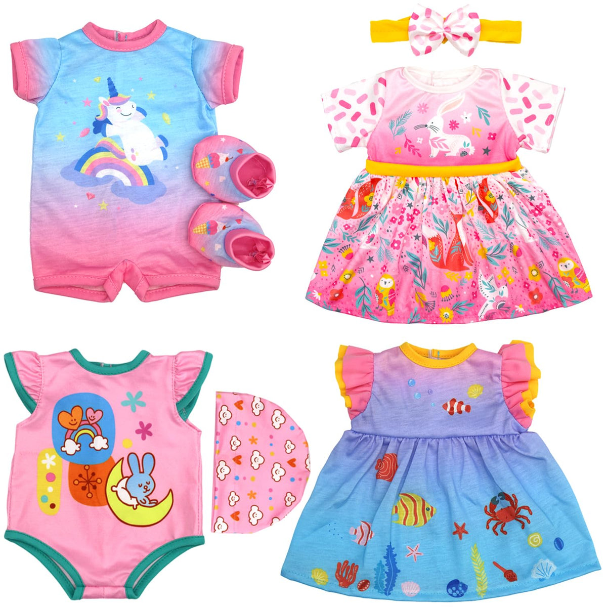 ECORELF 4-Set Doll Clothes for 14-16 Inch Dolls – 7-Piece Outfit Set (Dresses, Jumpsuits, Hats, Accessories)