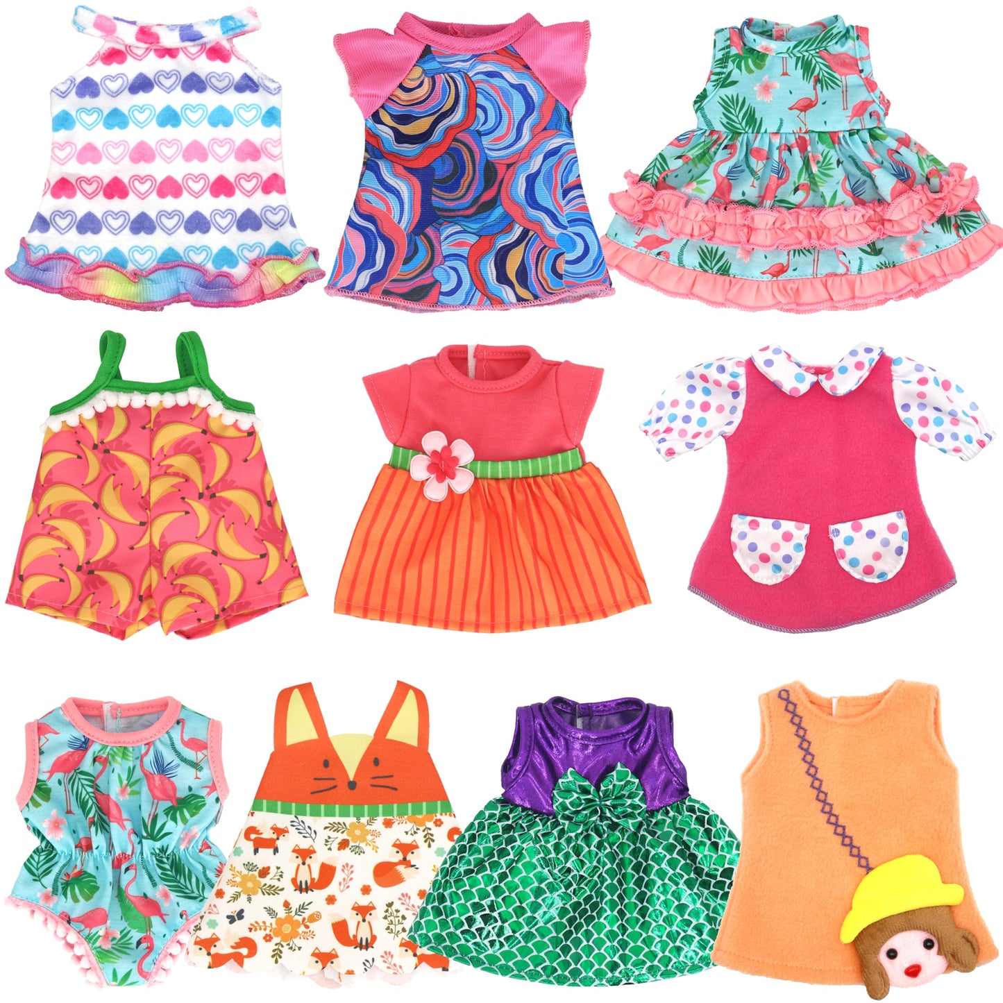 ECORELF Alive 10-Set Doll Clothes for 10-12 Inch Dolls | 2 Onesies + 8 Dresses