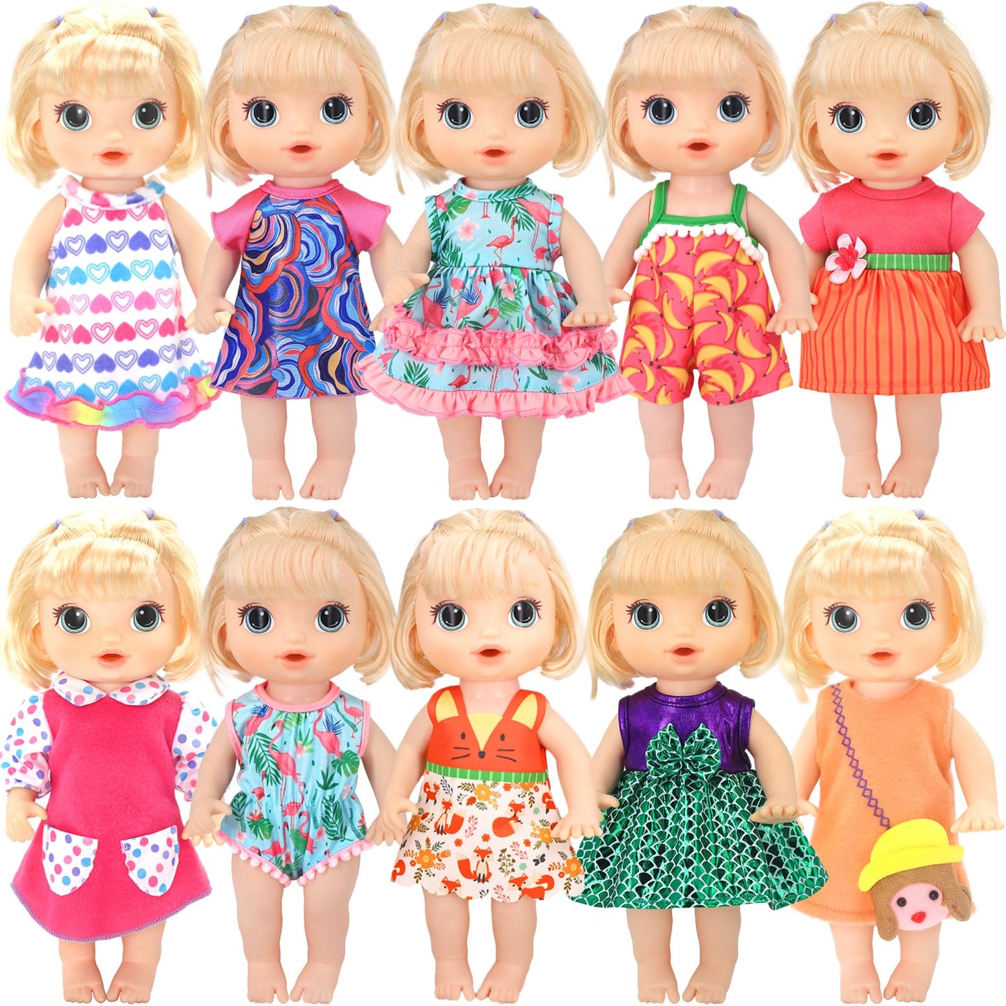 ECORELF Alive 10-Set Doll Clothes for 10-12 Inch Dolls | 2 Onesies + 8 Dresses