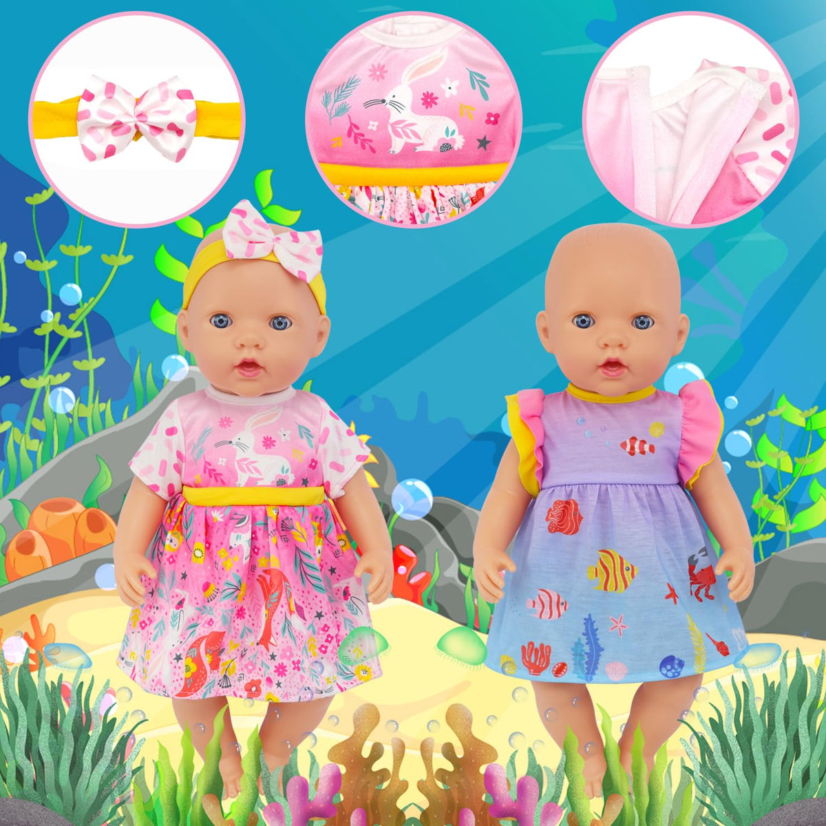 ECORELF 4-Set Doll Clothes for 14-16 Inch Dolls – 7-Piece Outfit Set (Dresses, Jumpsuits, Hats, Accessories)