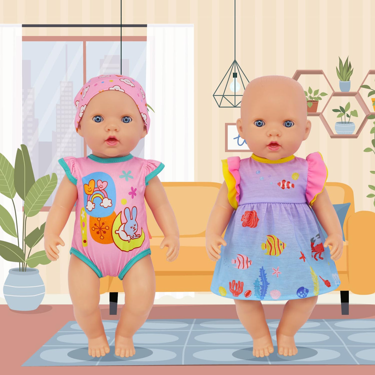 ECORELF 4-Set Doll Clothes for 14-16 Inch Dolls – 7-Piece Outfit Set (Dresses, Jumpsuits, Hats, Accessories)