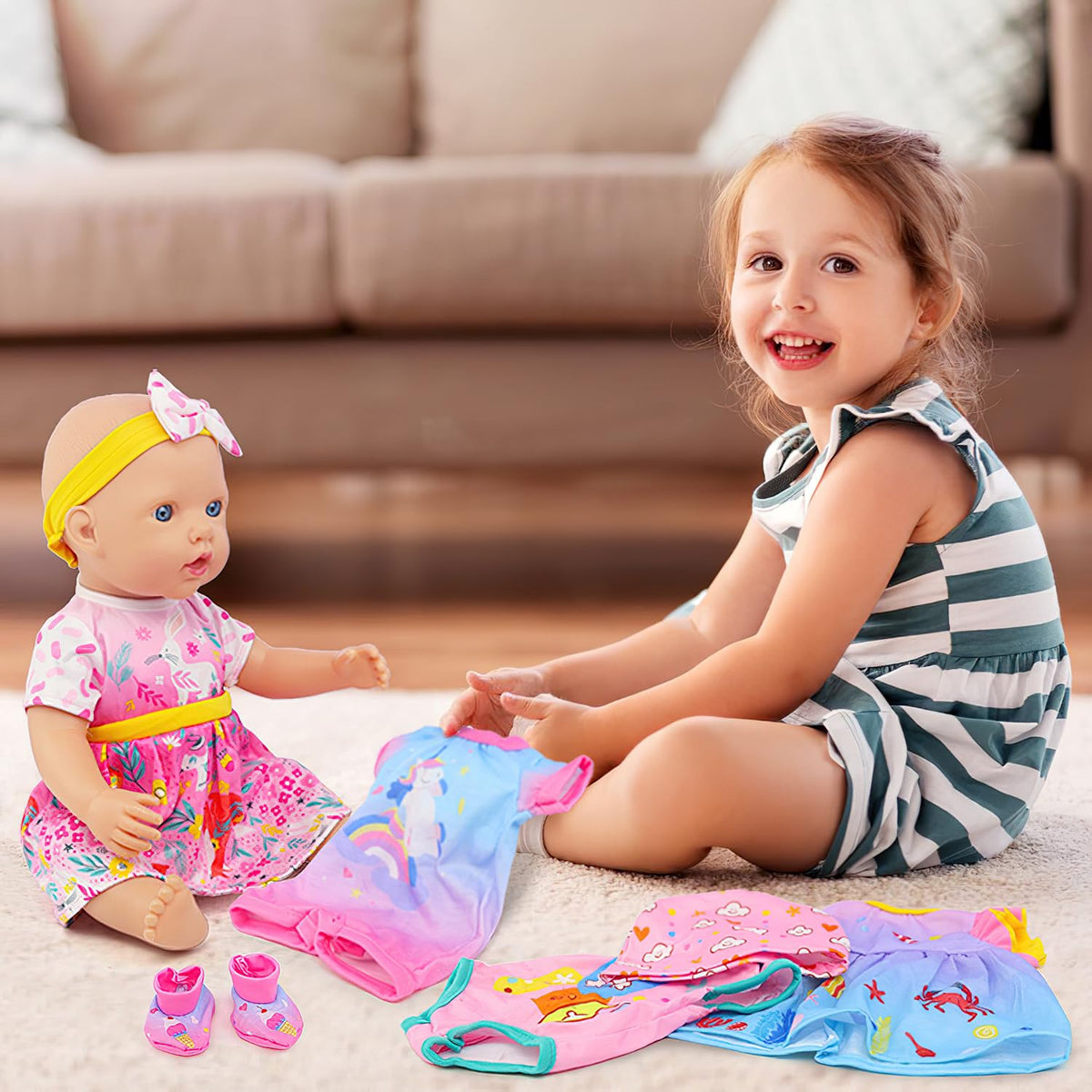 ECORELF 4-Set Doll Clothes for 14-16 Inch Dolls – 7-Piece Outfit Set (Dresses, Jumpsuits, Hats, Accessories)