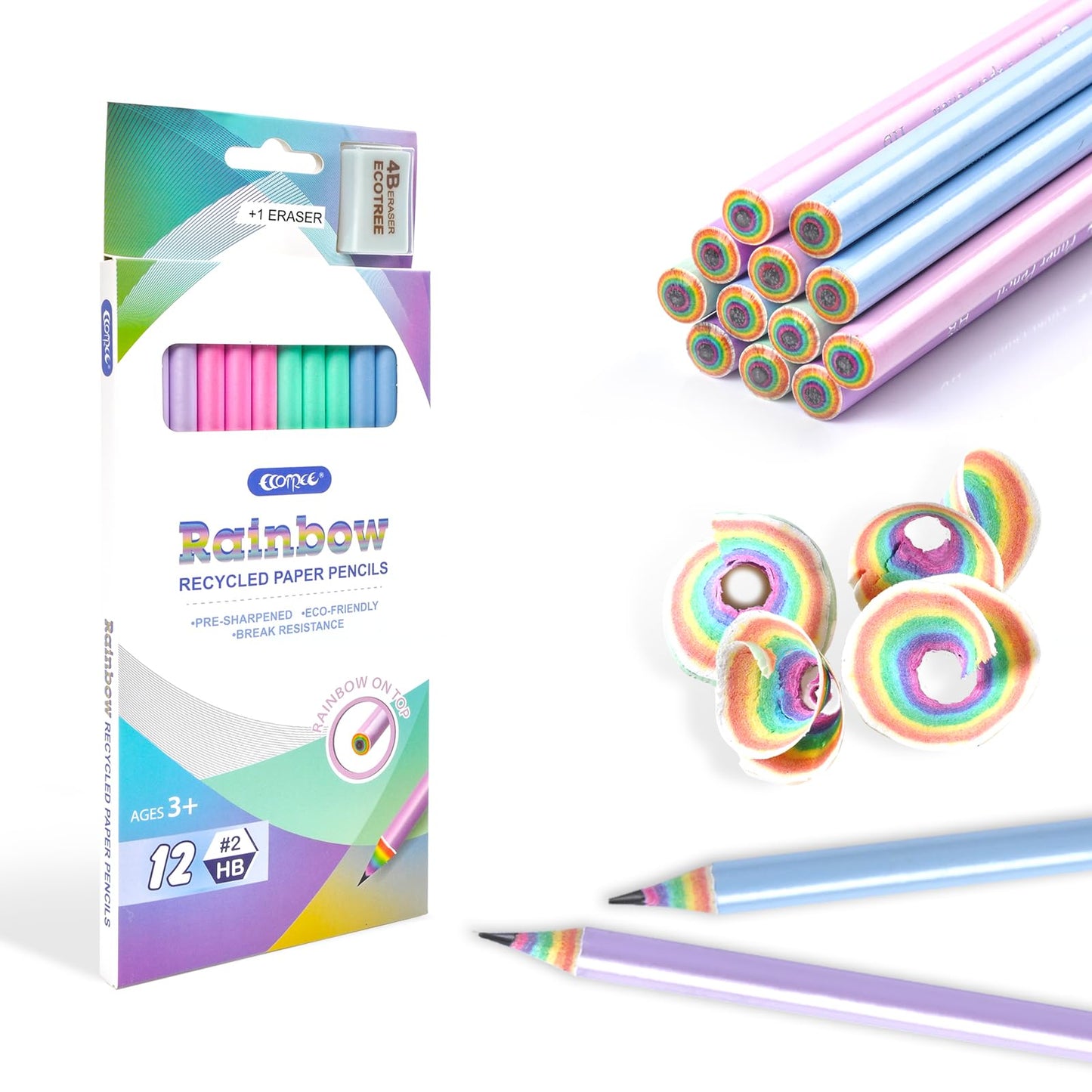 ECOTREE Pre-Sharpened Pencils #2 – Eco Rainbow Paper Pencil for Kids, 12 Count