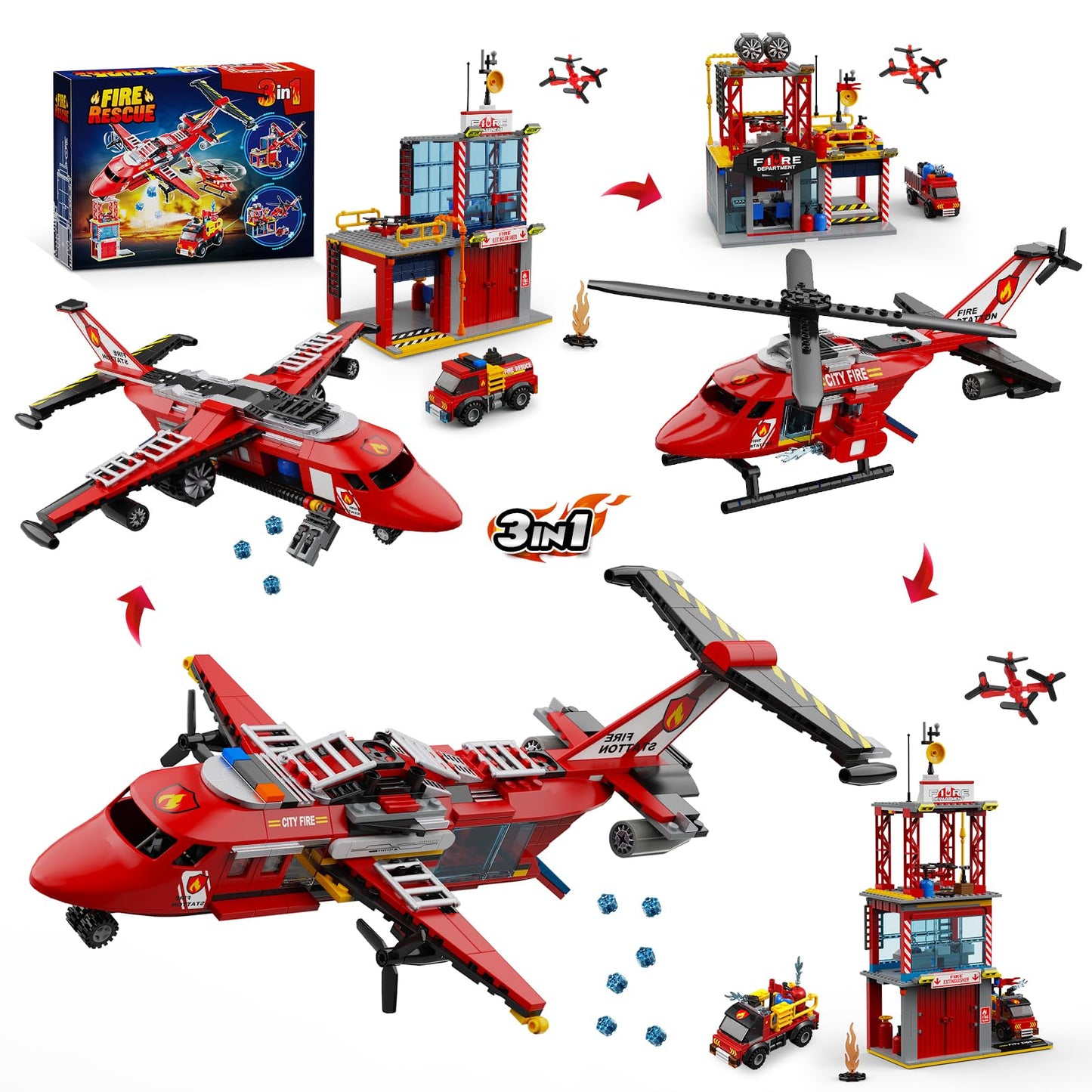 ecpoteny 3 in 1 City Fire Rescue Plane Building Sets — 823 PCS, LEGO Compatible