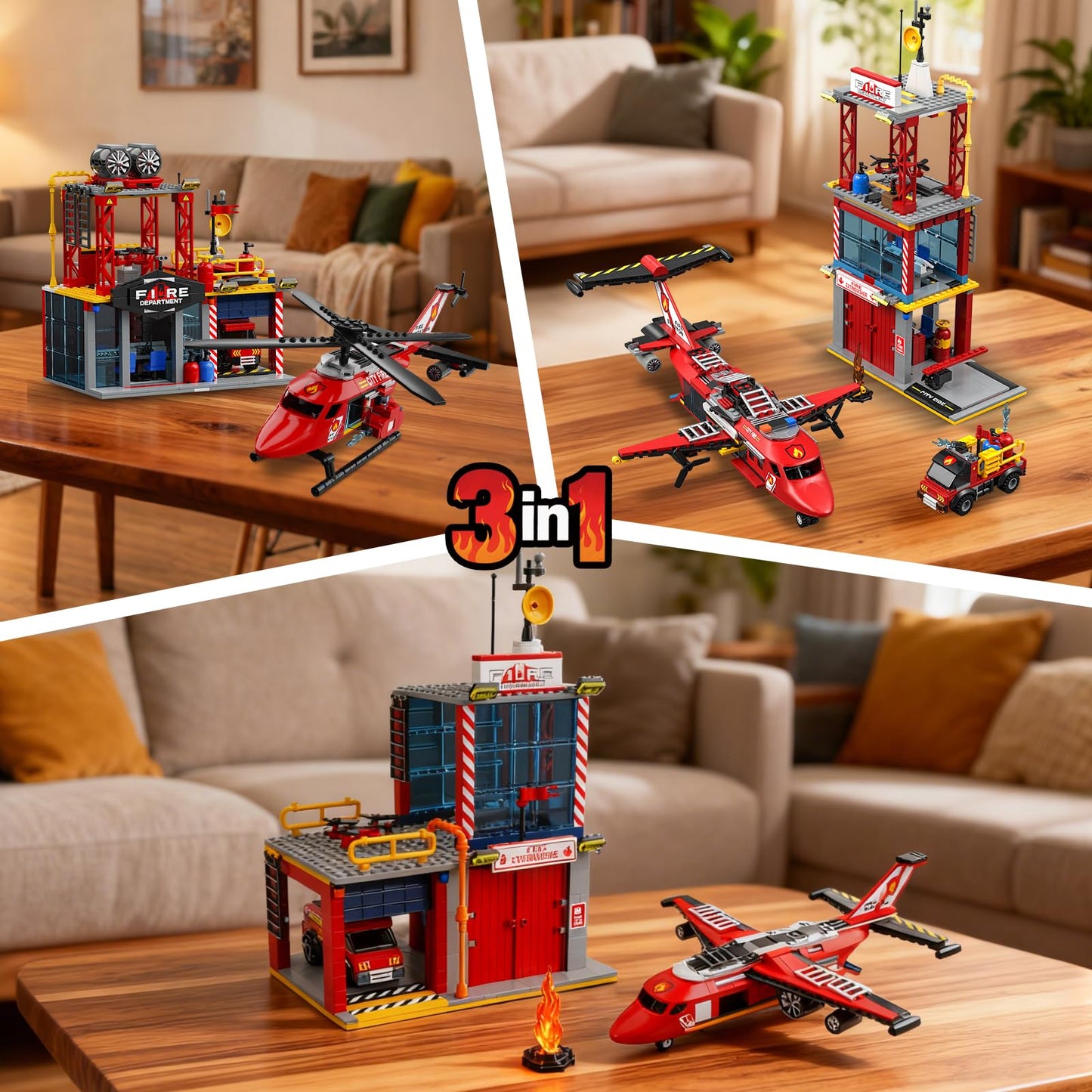 ecpoteny 3 in 1 City Fire Rescue Plane Building Sets — 823 PCS, LEGO Compatible