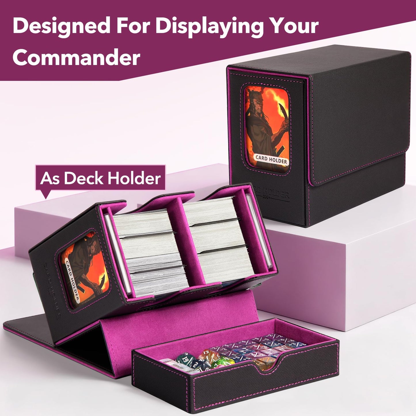 ECXHYDG MTG Deck Box – Dual Commander Displays, Removable Dice Tray, 200+ Cards (Dark Purple)