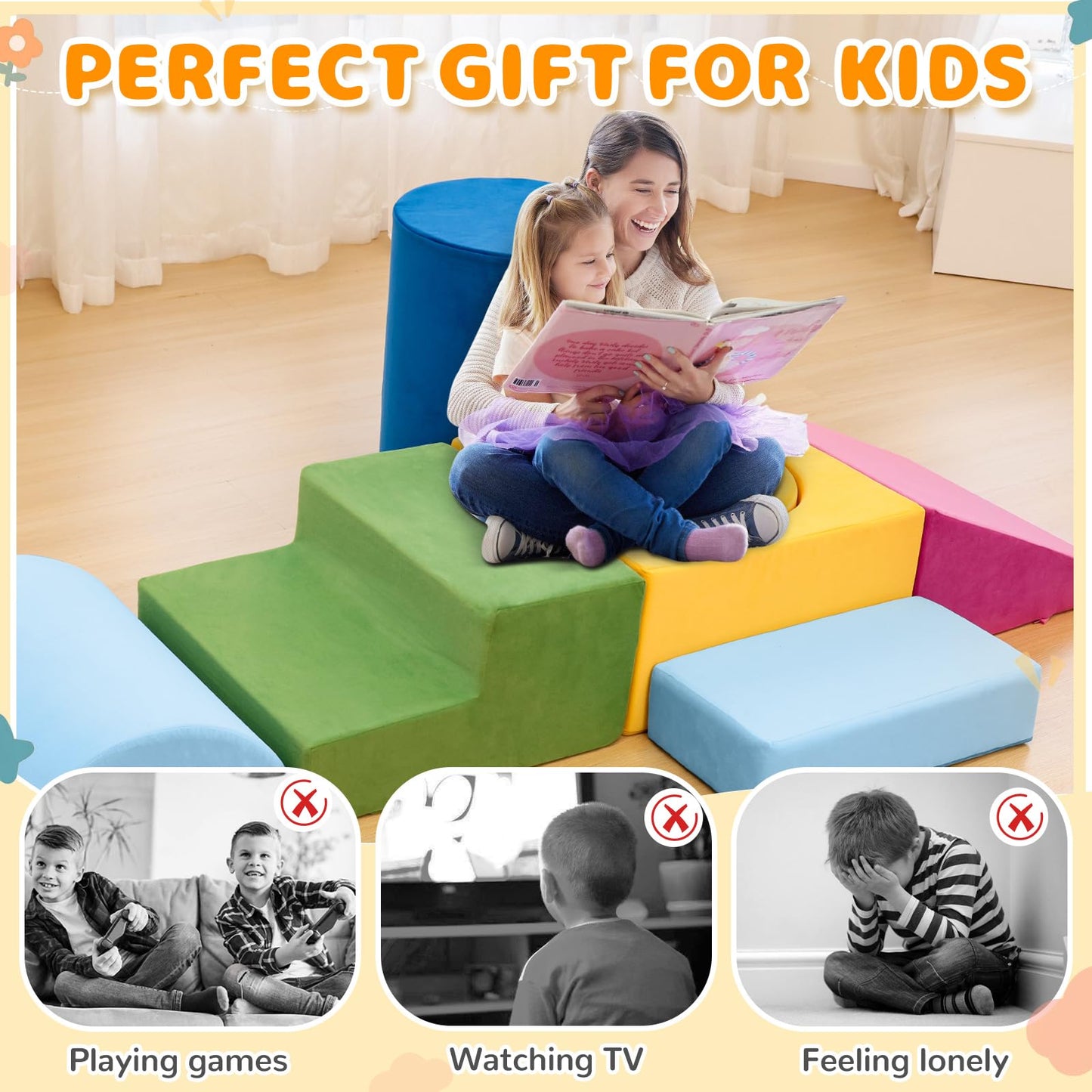 edbuosy 7-Piece Toddler Climbing Blocks – Soft Velvet Foam Indoor Play Set