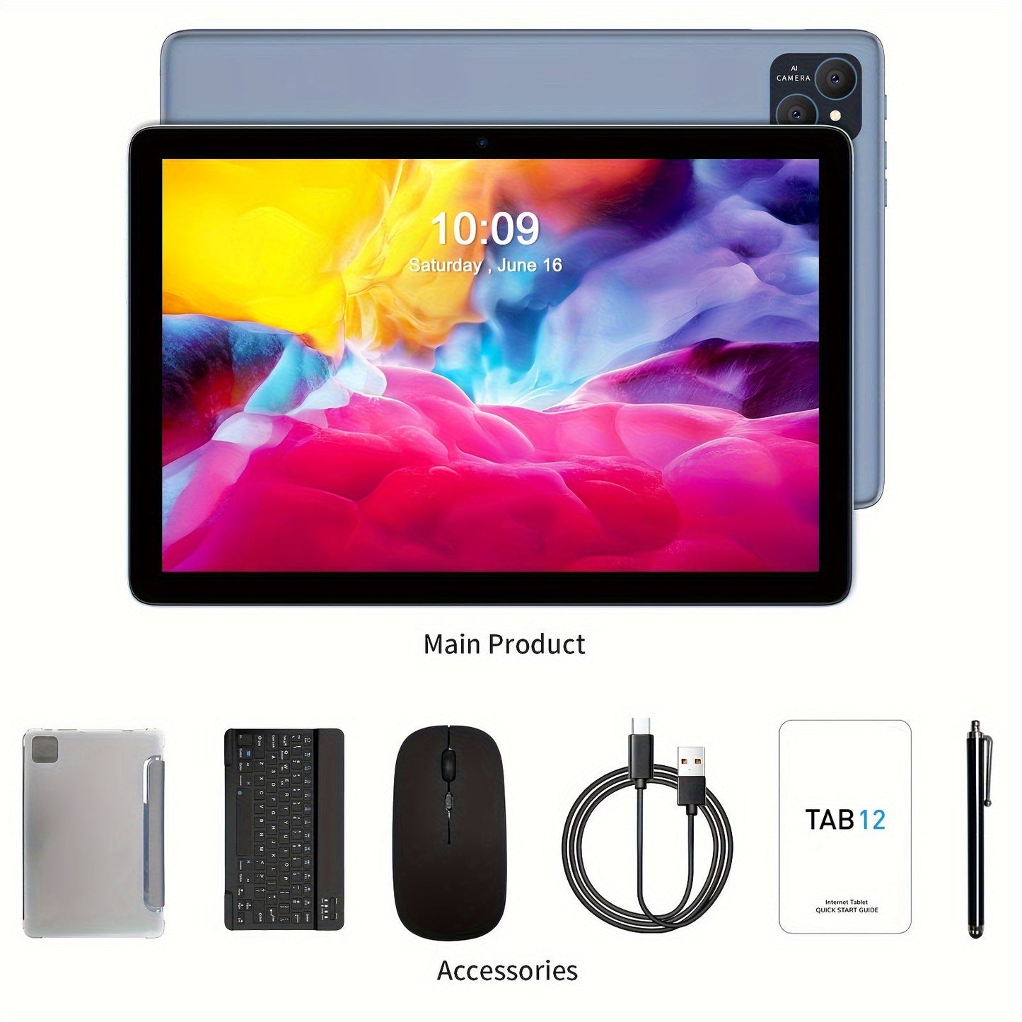 25.65 cm Tablet Android 14, 2-in-1 Tablet with Keyboard, Mouse, Case, Stylus, 128GB ROM + 8GB RAM Extended, Dual 8MP Camera, Octa-Core, 8000mAh, 1280x800 IPS Display, Wi-Fi 6, Google Certified