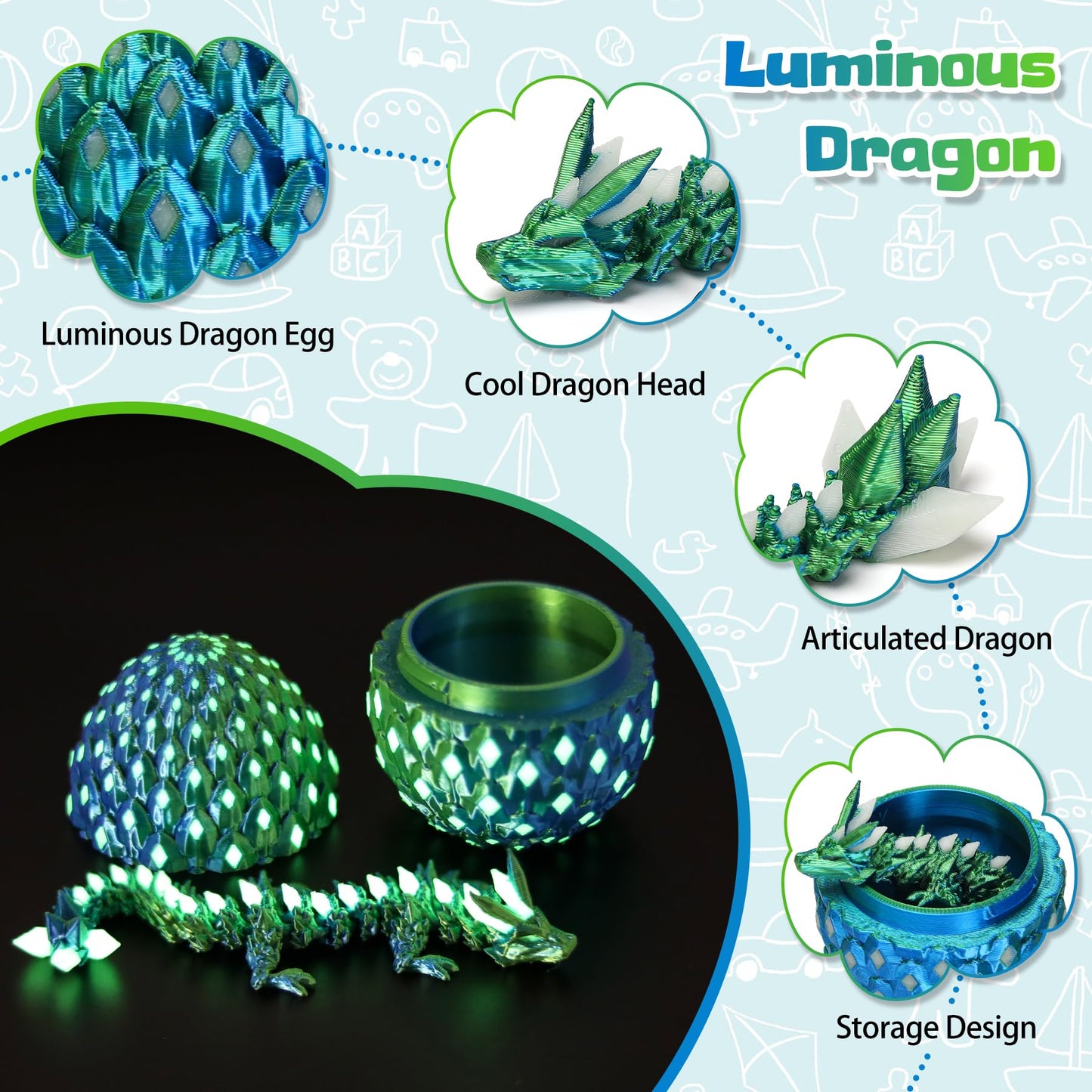 EDGRYJK 4 Pcs 3D Printed Dragon Eggs Glow in the Dark – Fidget Toys for Kids