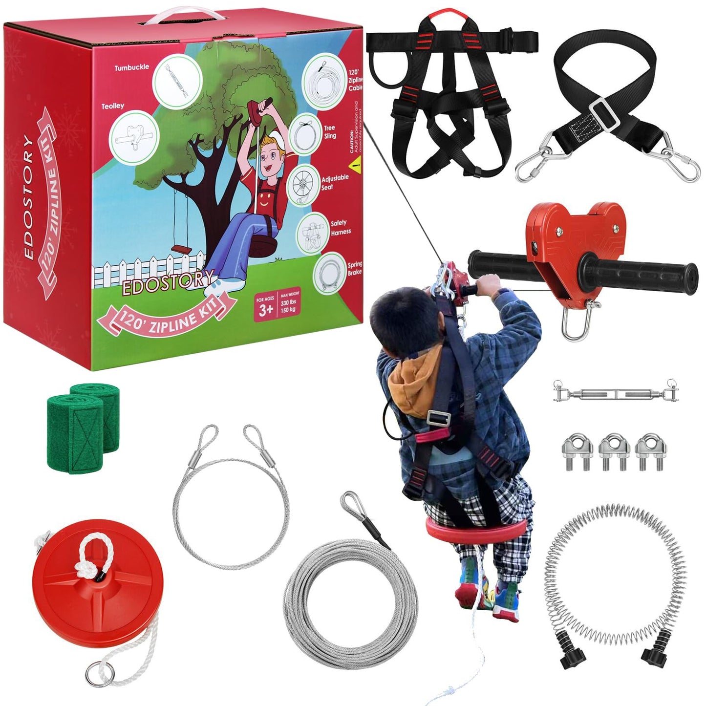 EDOSTORY 120 Feet Backyard Zip Line Kit for Kids and Adults up to 330 lb | Stainless Steel Ziplines, Harness, Brake, and Warranty