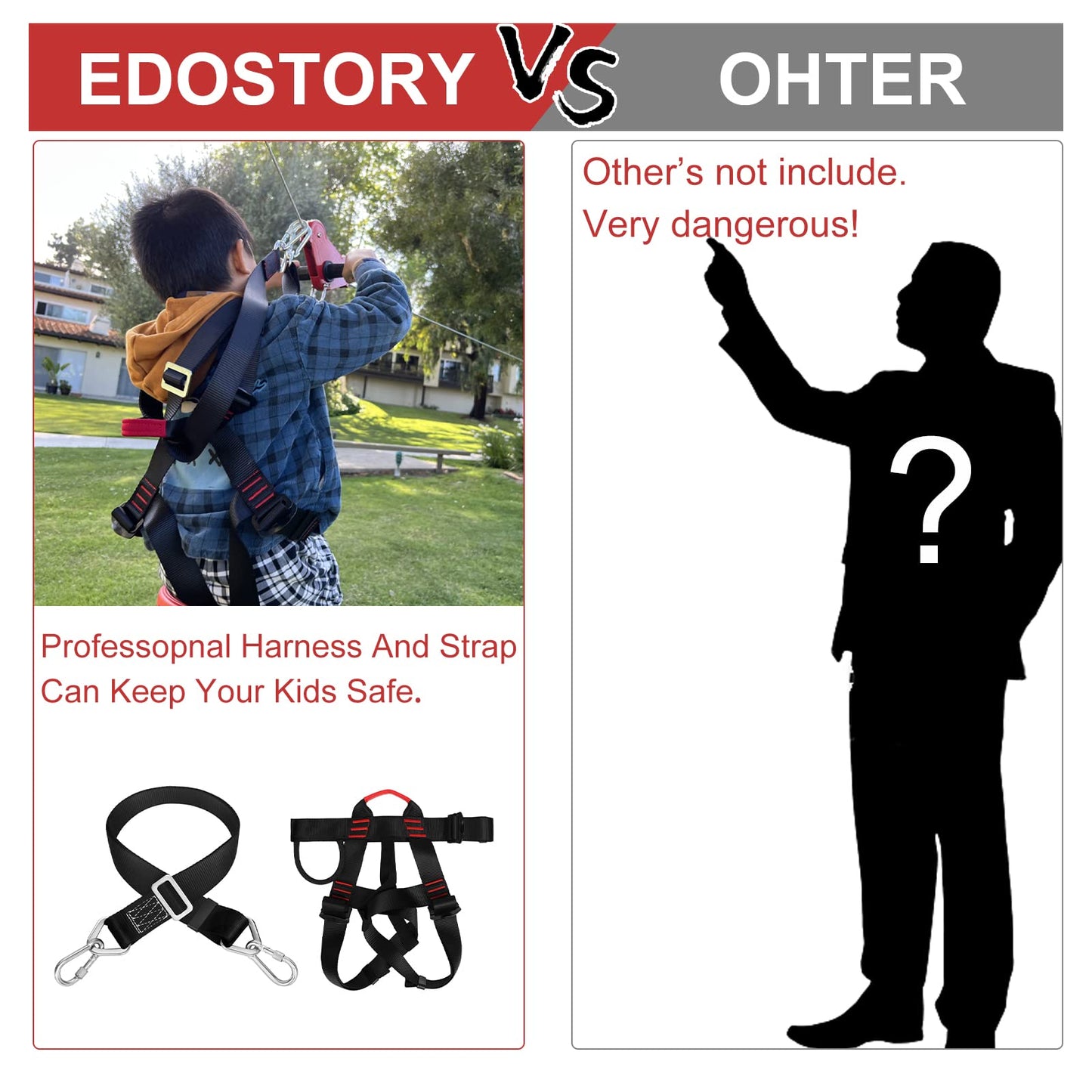 EDOSTORY 120 Feet Backyard Zip Line Kit for Kids and Adults up to 330 lb | Stainless Steel Ziplines, Harness, Brake, and Warranty