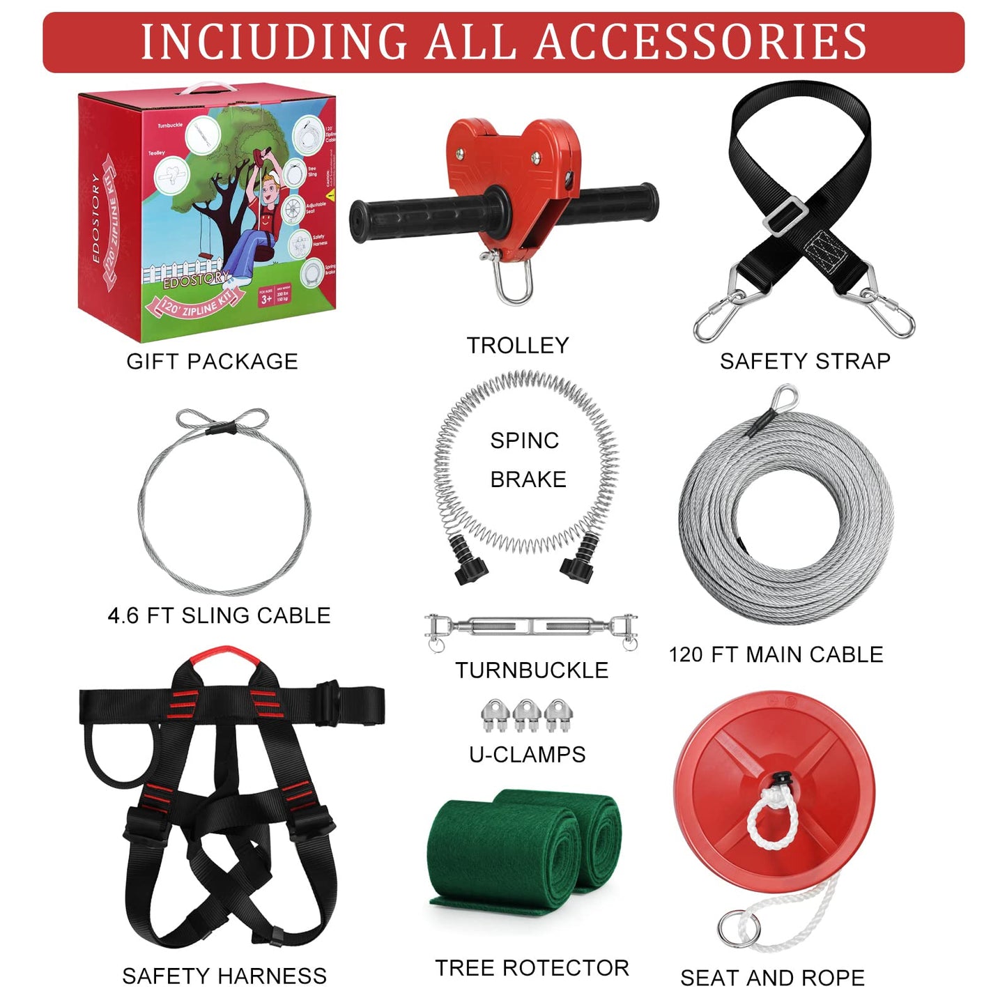 EDOSTORY 120 Feet Backyard Zip Line Kit for Kids and Adults up to 330 lb | Stainless Steel Ziplines, Harness, Brake, and Warranty