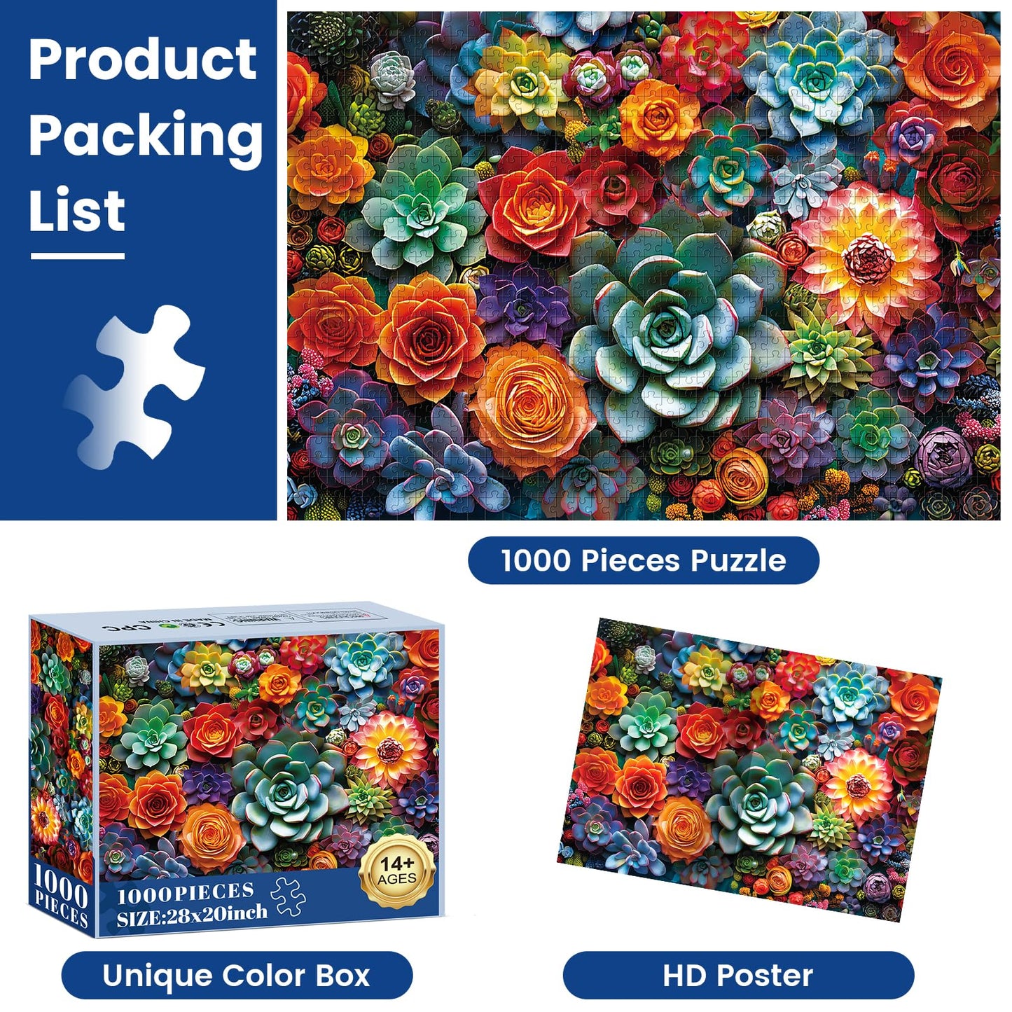 Edsjegn 1000 Piece Puzzle for Adults – Colorful Flowers & Succulents (70x50 cm / 28x20 in)