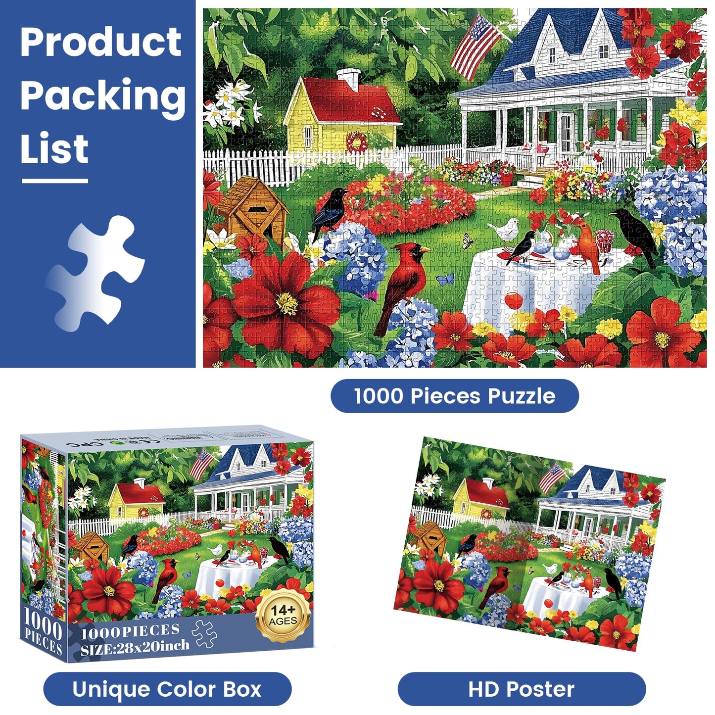 Edsjegn 1000 Piece Garden Puzzle for Adults – Birds & Flowers Landscape, 70x50 cm