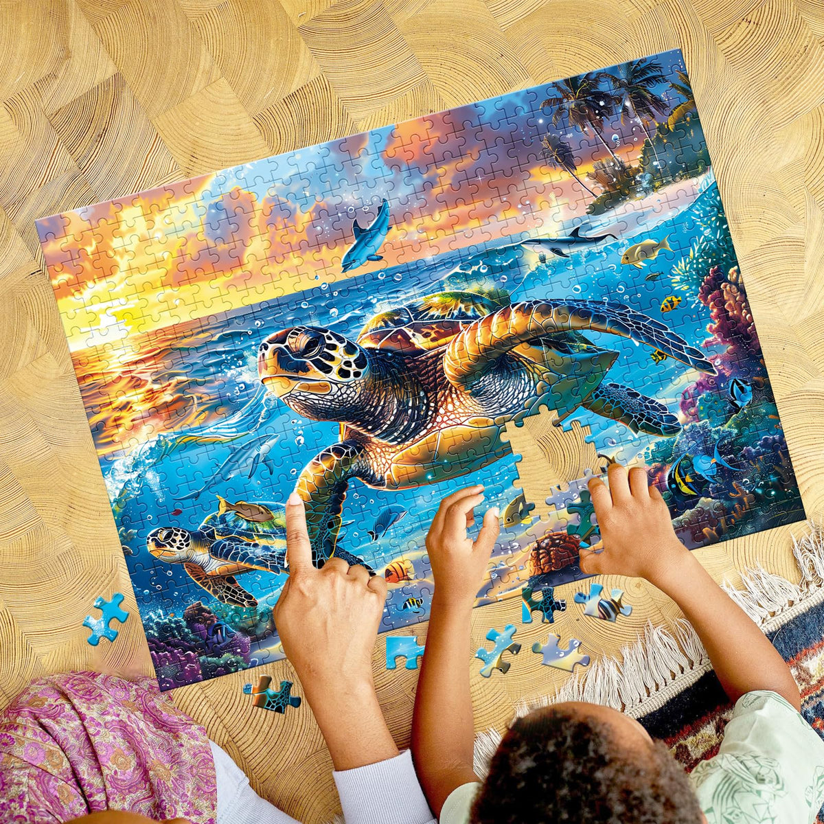 Edsjegn 500 Piece Sea Turtle Puzzle – Recycled Cardboard Jigsaw, Ocean Scene, 20.5 x 15 inches