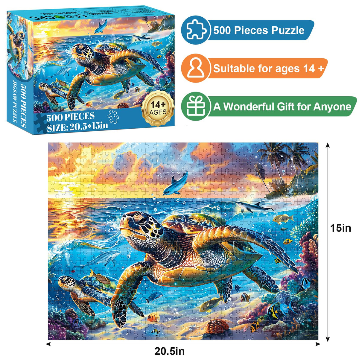 Edsjegn 500 Piece Sea Turtle Puzzle – Recycled Cardboard Jigsaw, Ocean Scene, 20.5 x 15 inches