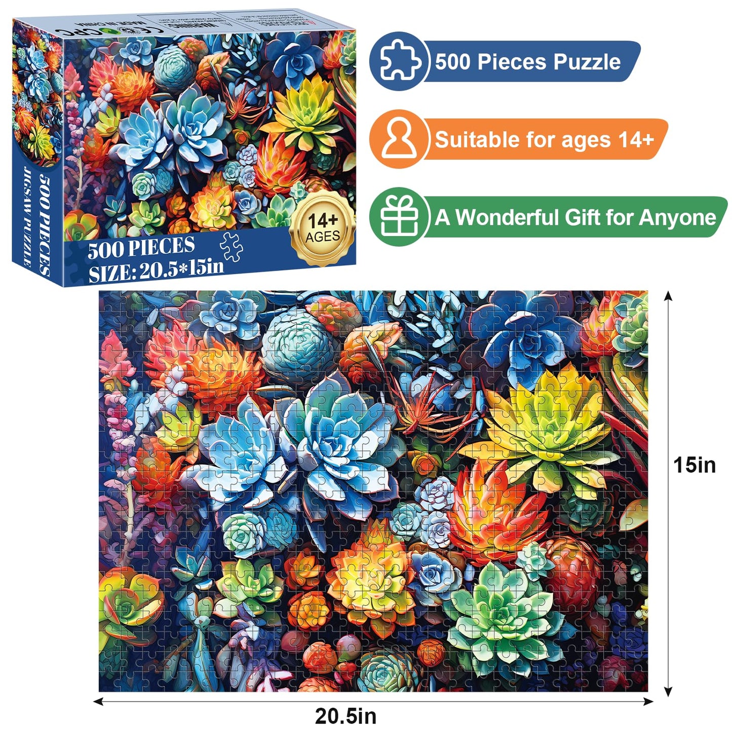 Edsjegn 500-Piece Succulent Puzzle – Recycled Cardboard Jigsaw, 20.5 x 15 in