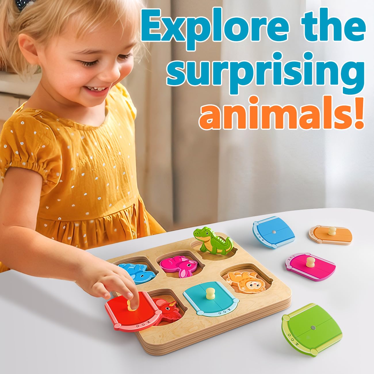 EDUJOY Wooden Animal Peg Puzzle – Montessori Toy for Toddlers 12-18 Months