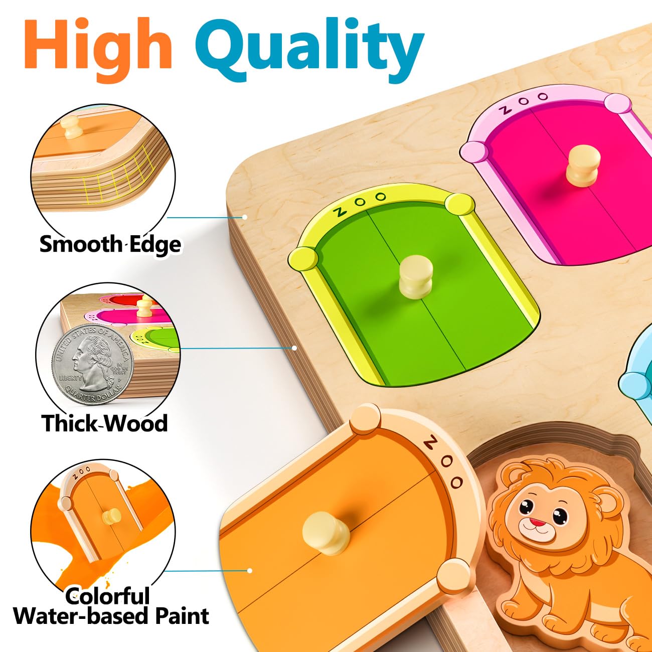 EDUJOY Wooden Animal Peg Puzzle – Montessori Toy for Toddlers 12-18 Months
