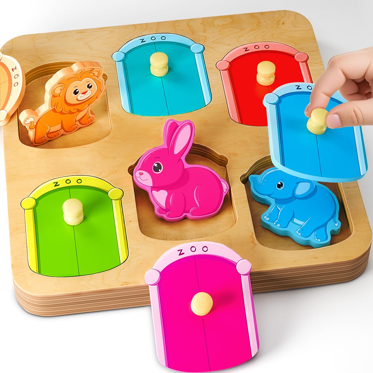 EDUJOY Wooden Animal Peg Puzzle – Montessori Toy for Toddlers 12-18 Months