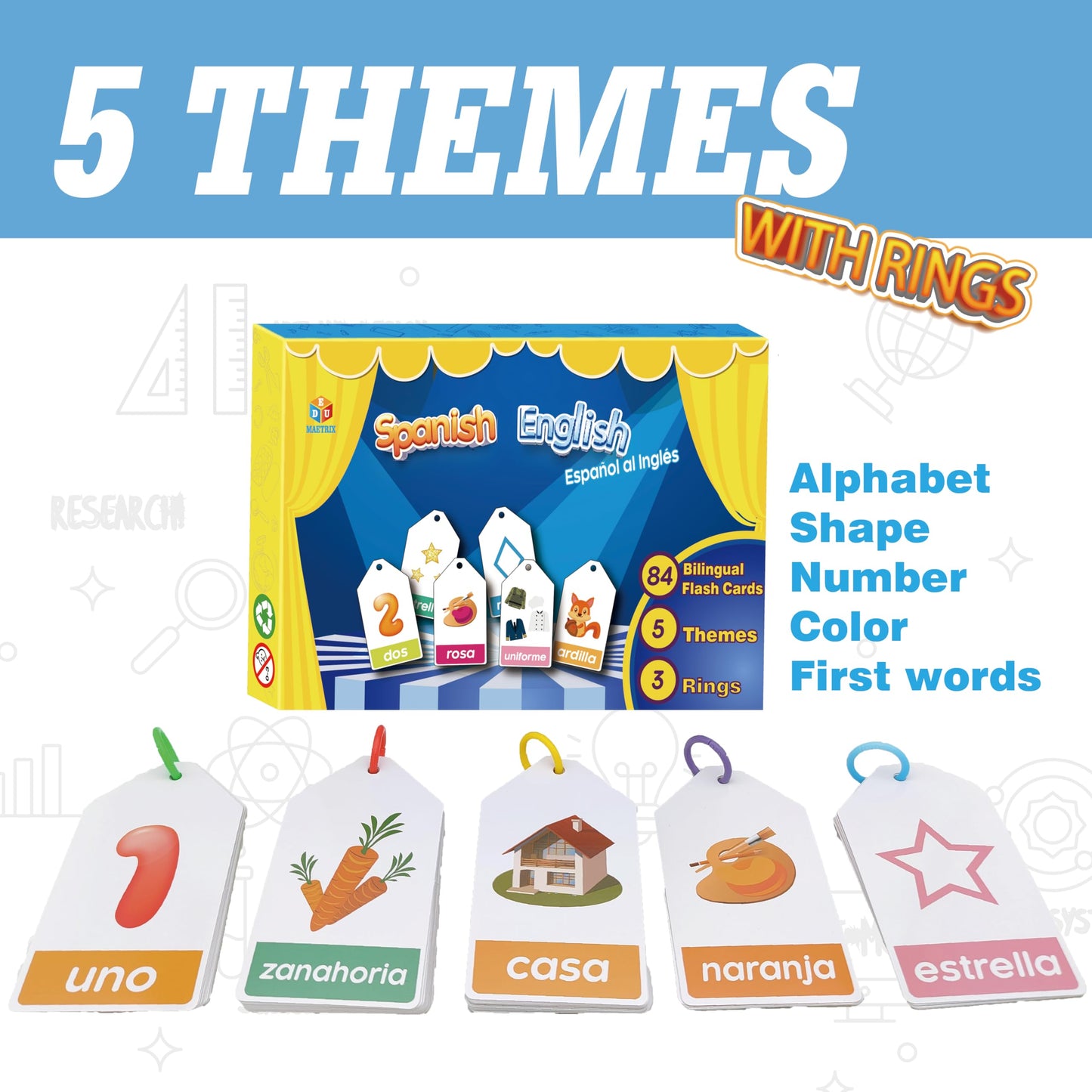 EDUMAETRIX Bilingual Spanish–English Flash Cards for Kids – 84 Card Gift Pack (Alphabet, Colors, Numbers, Shapes, First Words)