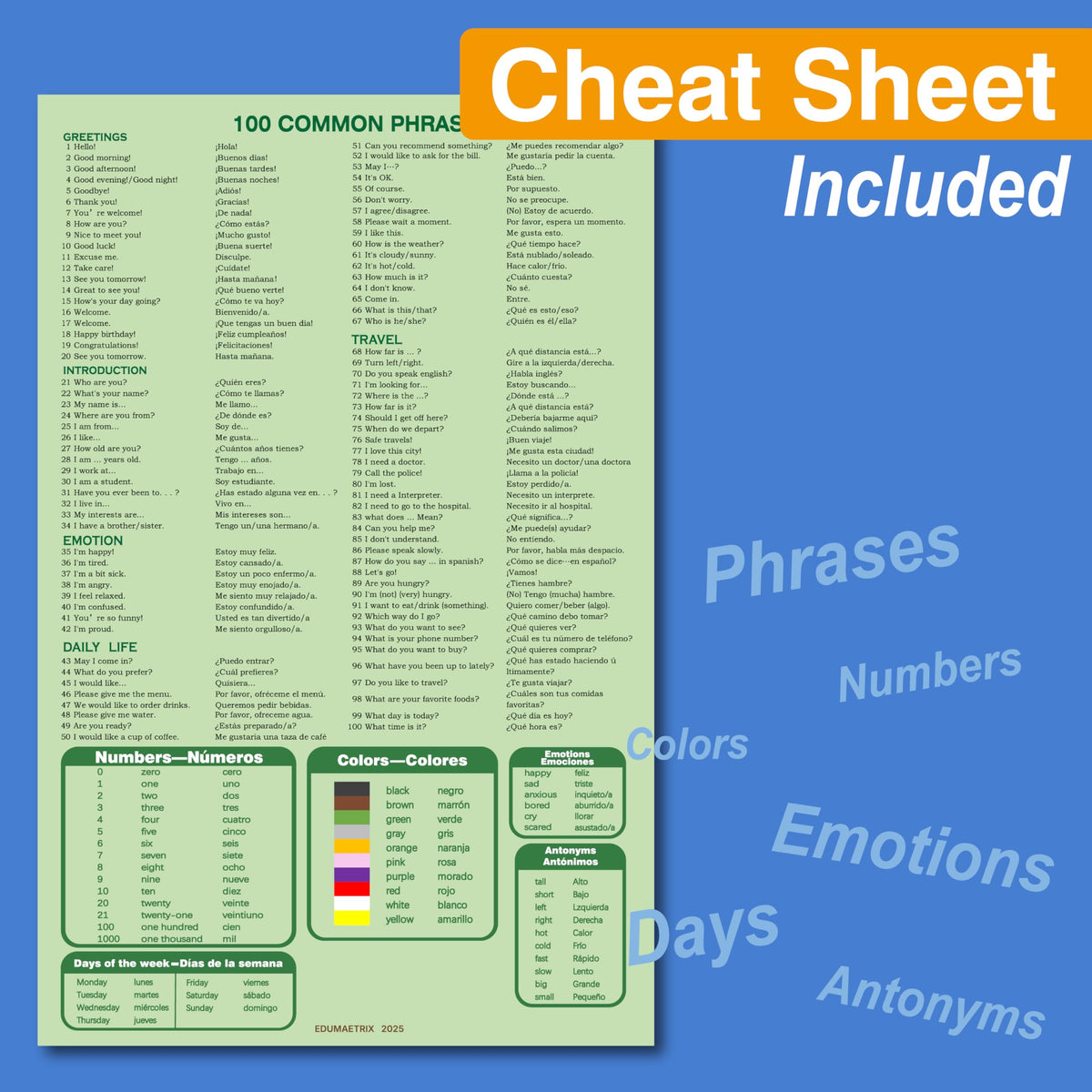 EDUMAETRIX 100 Spanish-English Bilingual Phrases Flash Cards with Pronunciation & Chart
