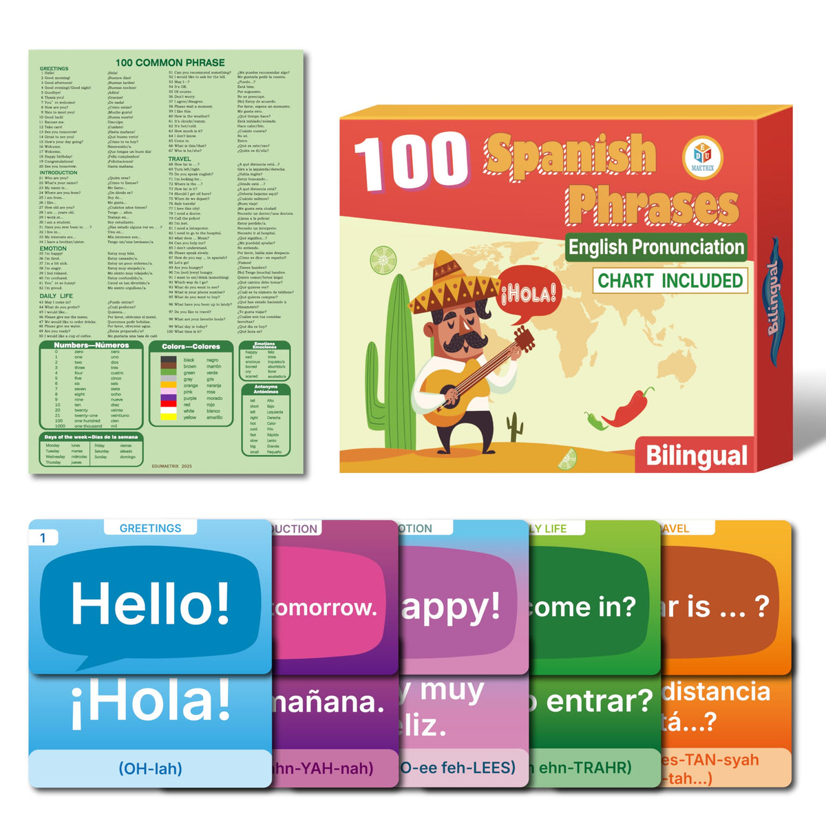 EDUMAETRIX 100 Spanish-English Bilingual Phrases Flash Cards with Pronunciation & Chart