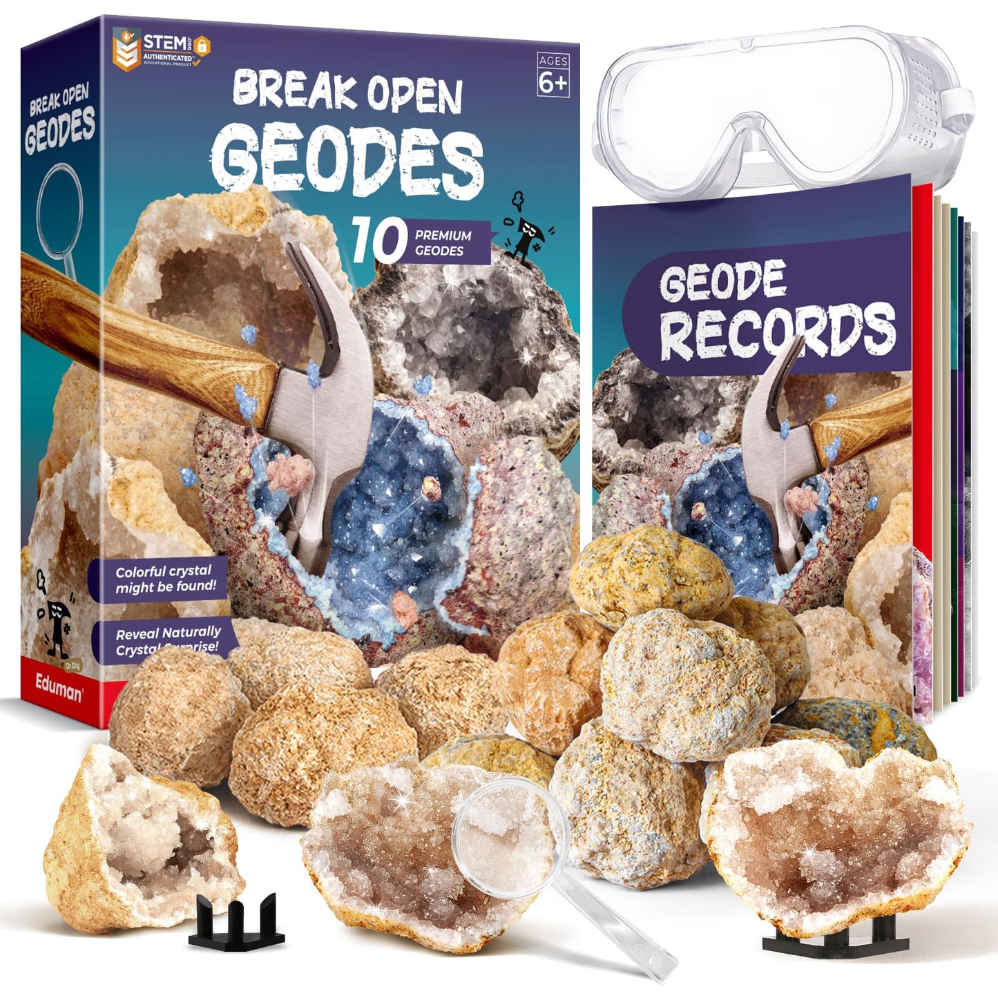 EDUMAN Geodes with Crystals Break Open – 10-Piece Premium Geode Kit