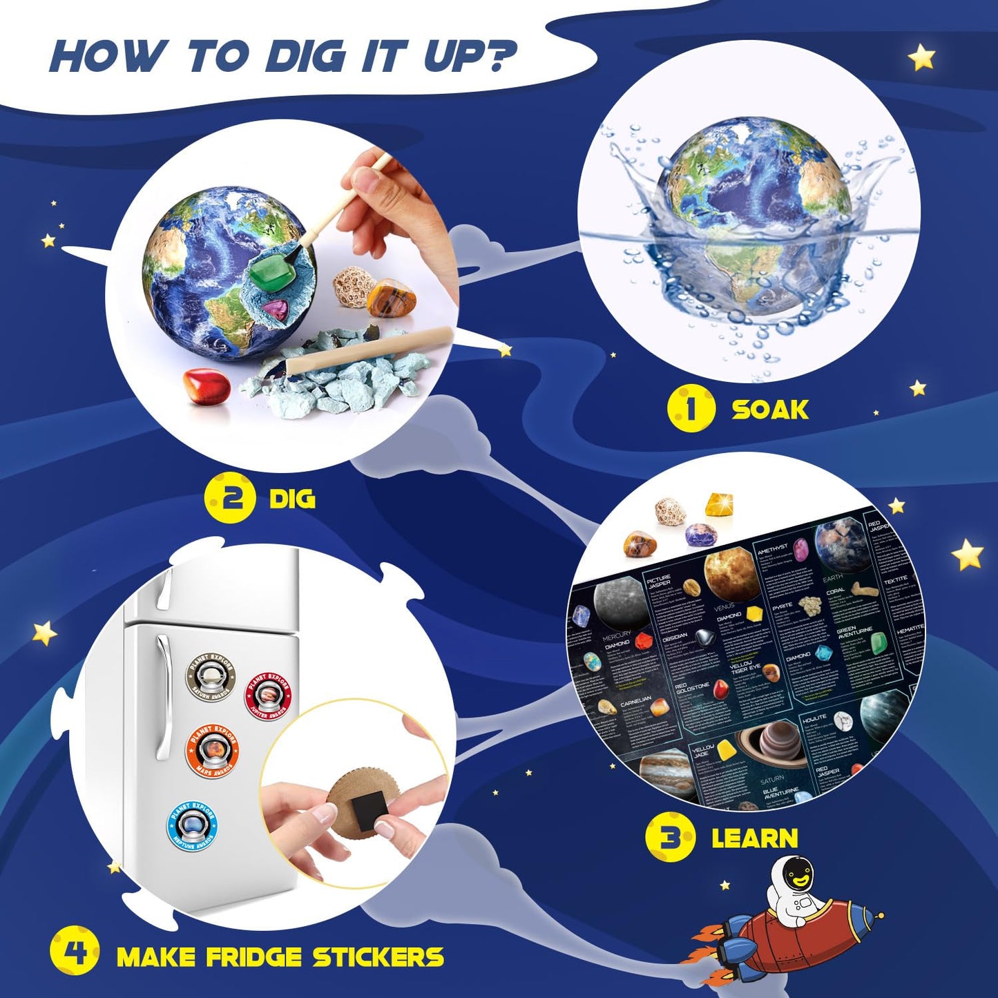 EDUMAN Gemstone Dig Kit – 40 Real Gems & Crystals with Mining Tools