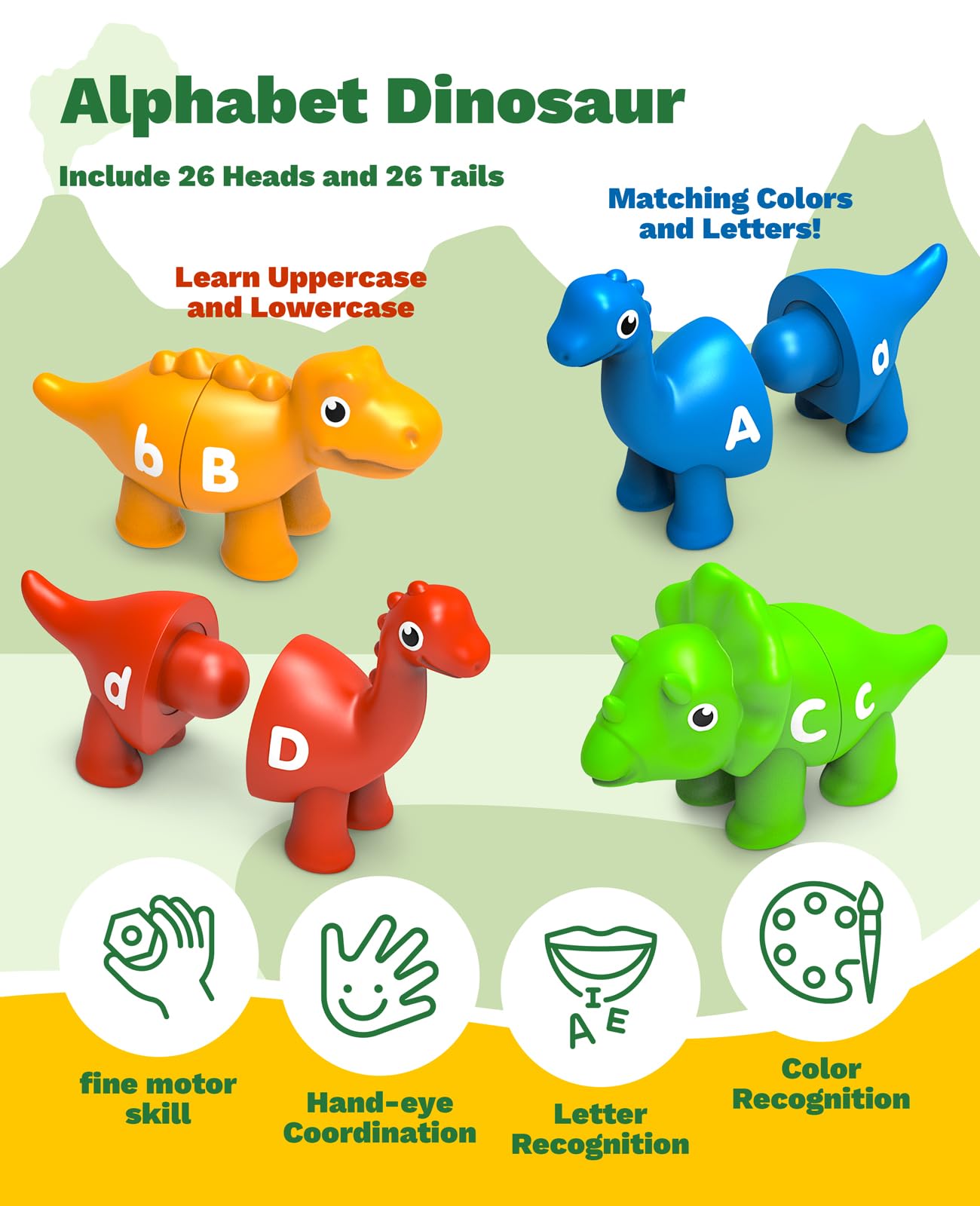 Edumoteso 26PCS Dinosaur Alphabet Learning Toys – Montessori ABC Matching for 18M+ | Fine Motor & Letter Recognition