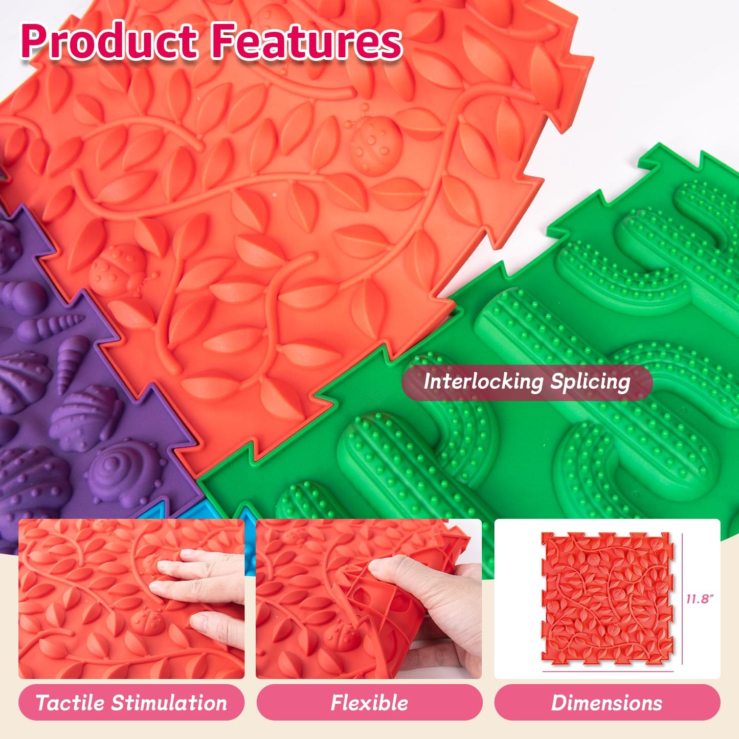 Edusense Sensory Mat for Autism Children - Textured Puzzle Floor Tiles | Non-Toxic Massage Mats (Classical)