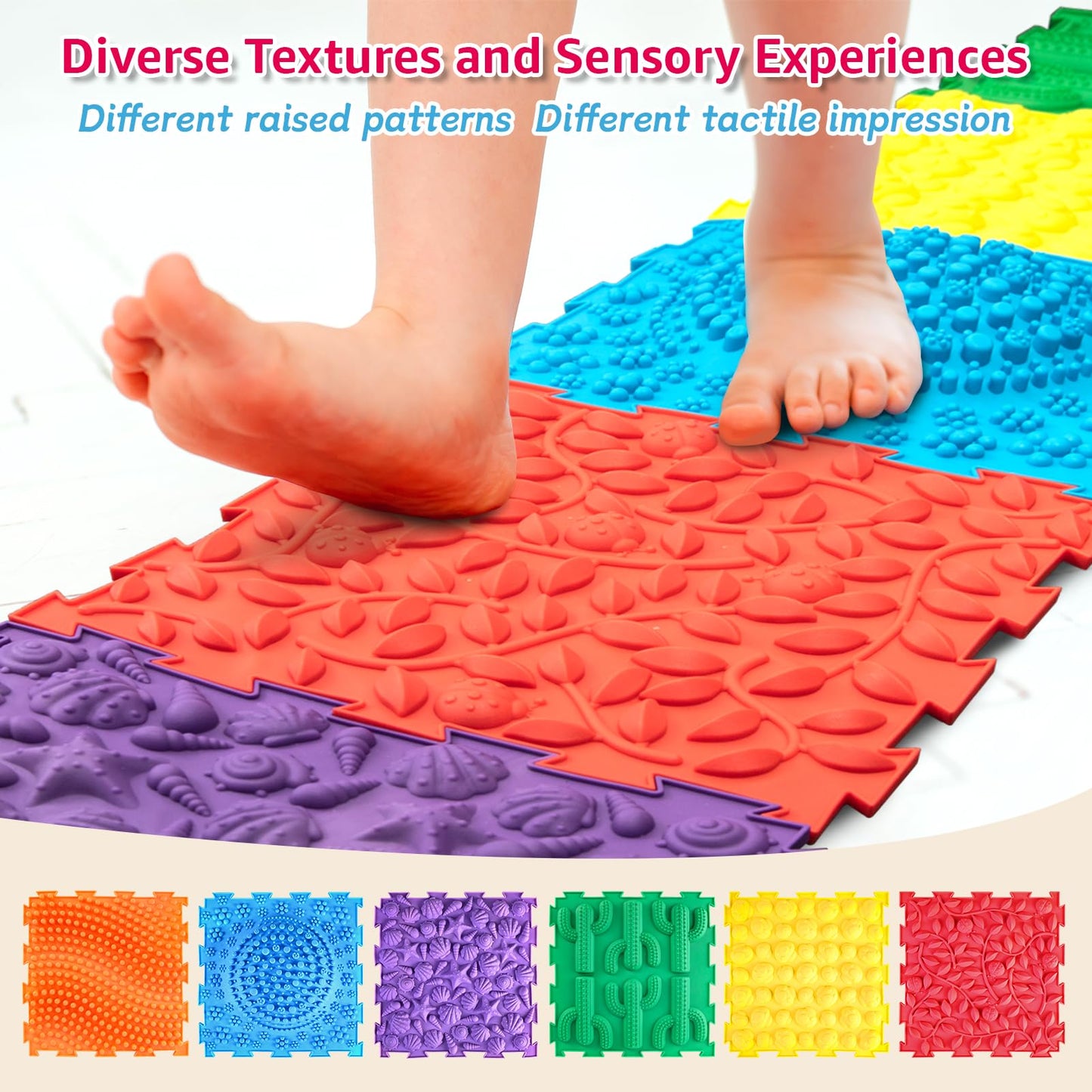 Edusense Sensory Mat for Autism Children - Textured Puzzle Floor Tiles | Non-Toxic Massage Mats (Classical)