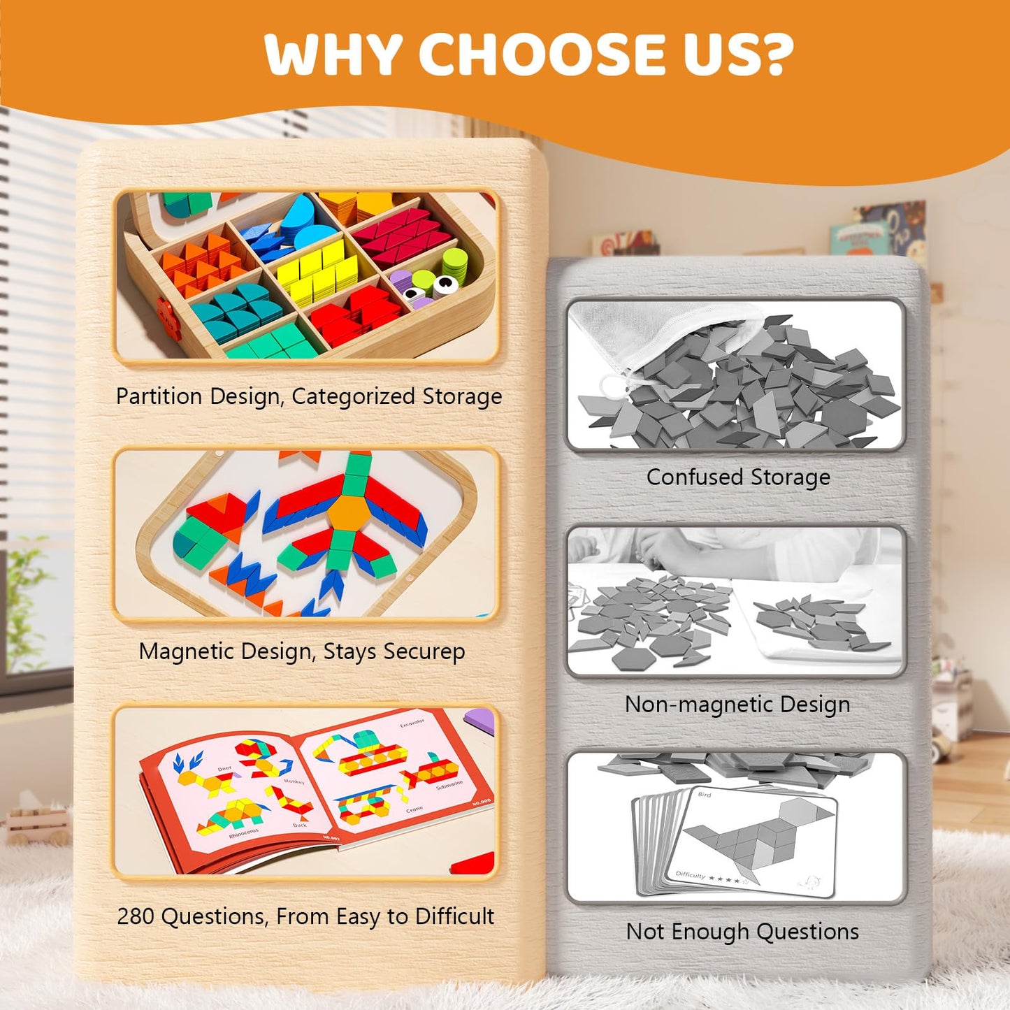 edutree Wooden Magnetic Pattern Blocks Set – 288 Pieces with Cards for Ages 4-8