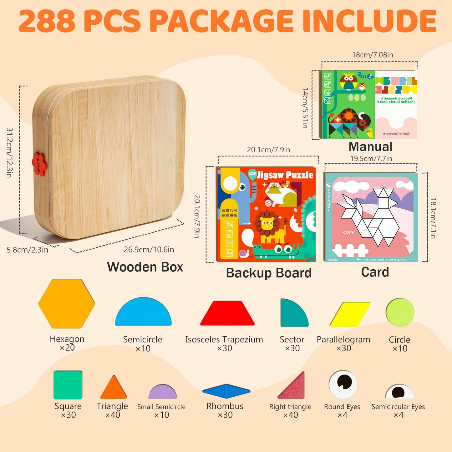 edutree Wooden Magnetic Pattern Blocks Set – 288 Pieces with Cards for Ages 4-8