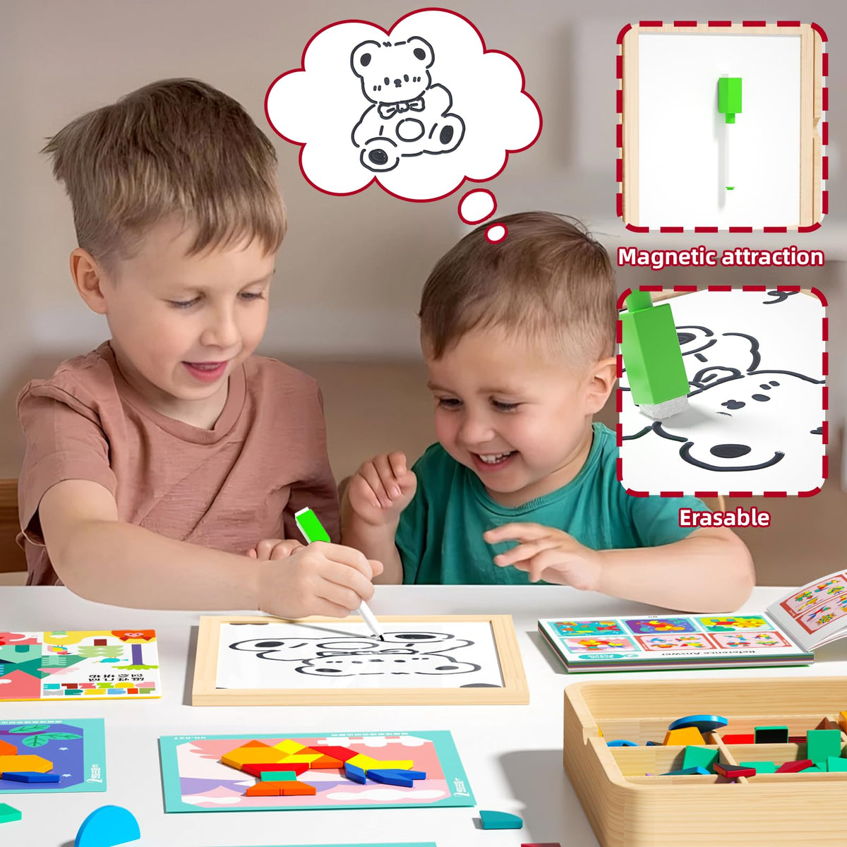 edutree Wooden Magnetic Pattern Block Set – 248 Pcs Montessori STEM Toy for Toddlers 4-8