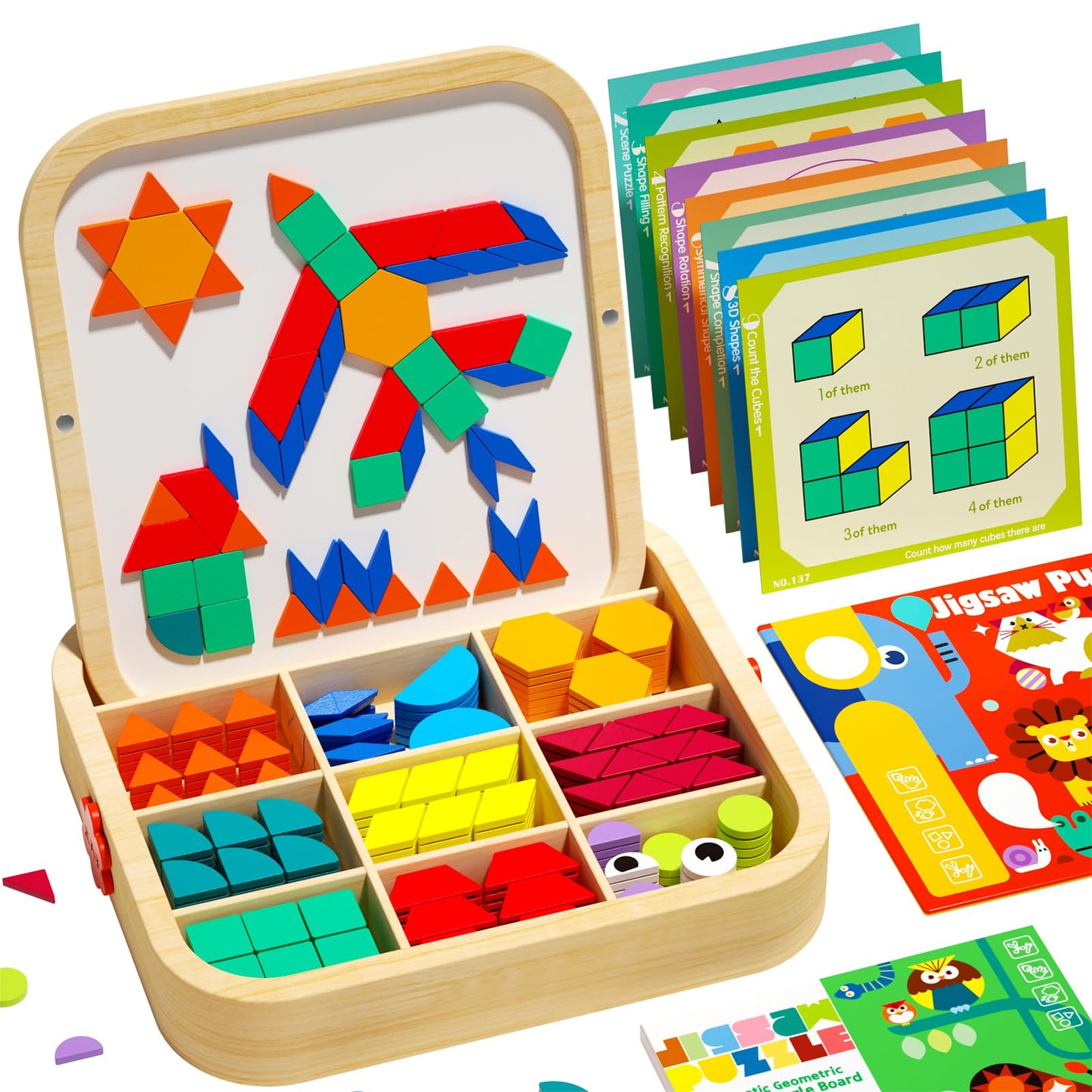 edutree Wooden Magnetic Pattern Blocks Set – 288 Pieces with Cards for Ages 4-8