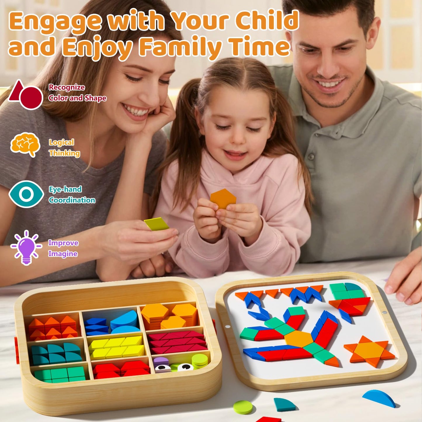edutree Wooden Magnetic Pattern Blocks Set – 288 Pieces with Cards for Ages 4-8