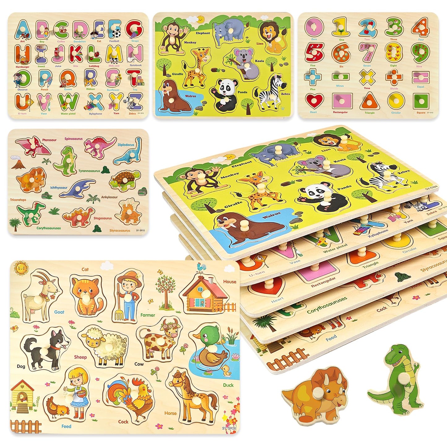 edutree Wooden Peg Puzzle for Toddlers 2-4 | 5-Pack Montessori Learning Puzzles (Alphabet, Numbers, Dinosaurs, Farm & Forest Animals)
