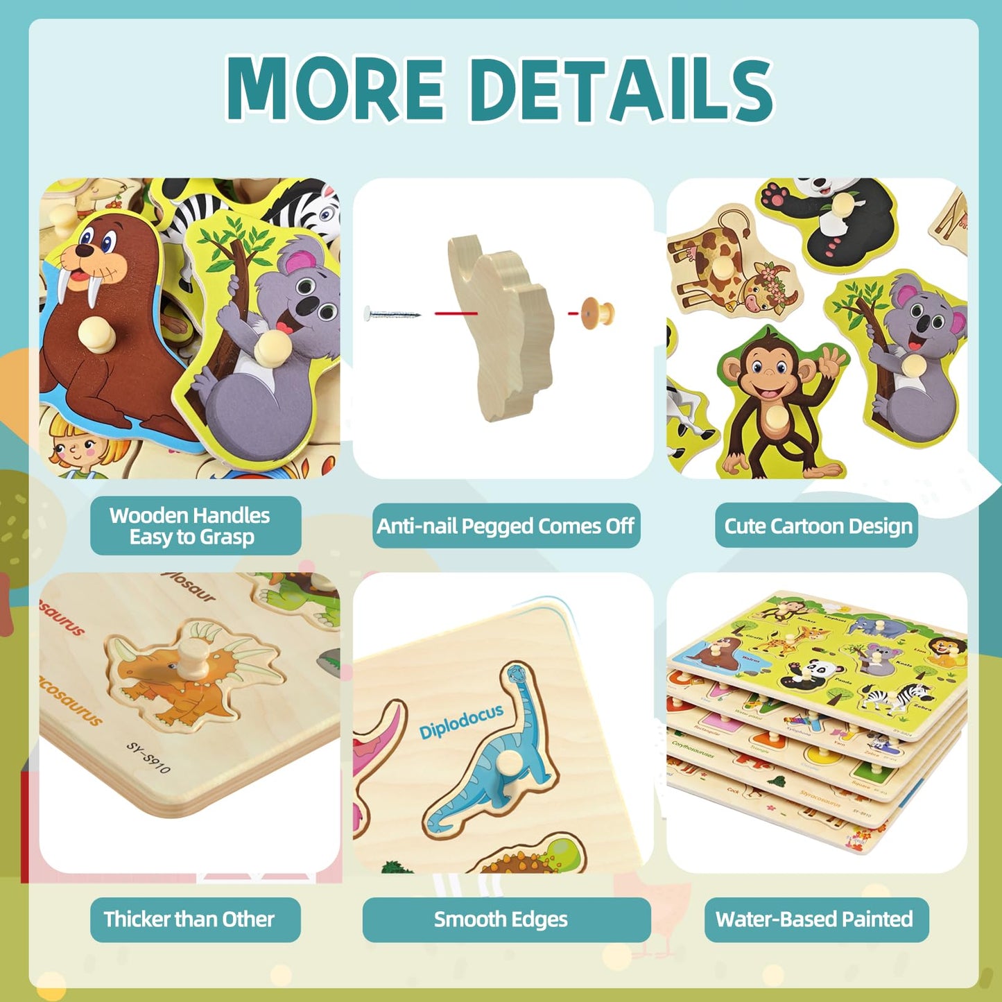 edutree Wooden Peg Puzzle for Toddlers 2-4 | 5-Pack Montessori Learning Puzzles (Alphabet, Numbers, Dinosaurs, Farm & Forest Animals)