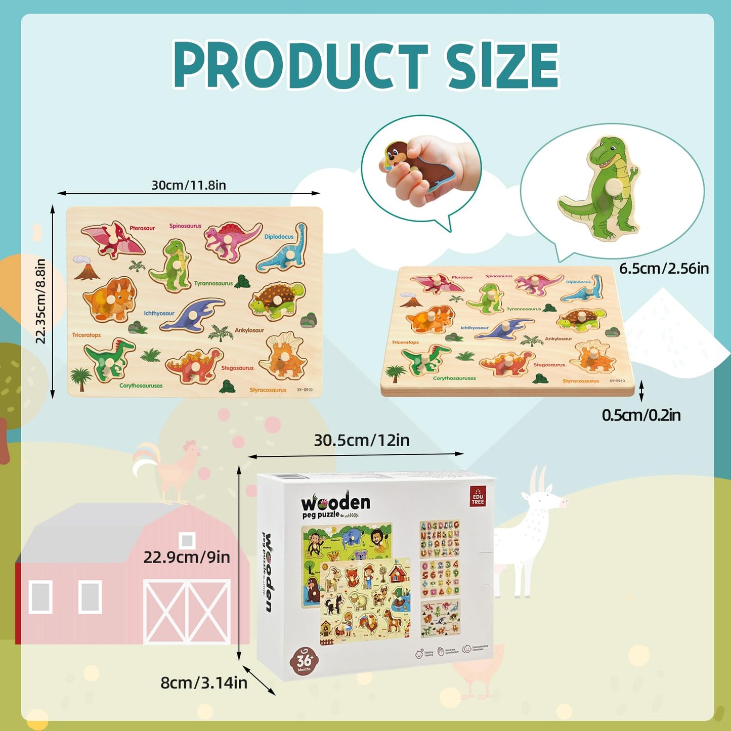 edutree Wooden Peg Puzzle for Toddlers 2-4 | 5-Pack Montessori Learning Puzzles (Alphabet, Numbers, Dinosaurs, Farm & Forest Animals)
