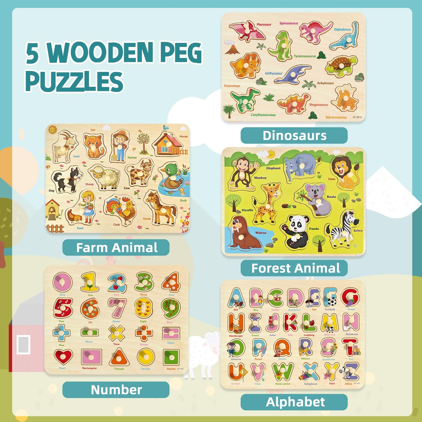 edutree Wooden Peg Puzzle for Toddlers 2-4 | 5-Pack Montessori Learning Puzzles (Alphabet, Numbers, Dinosaurs, Farm & Forest Animals)