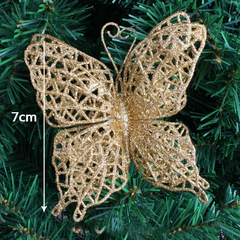 10Pcs/Set Christmas Flowers Xmas Christmas Tree Decorations Glitter Hollow Wedding Party Decor Gold/Silver/Red/Green/Blue 8Z